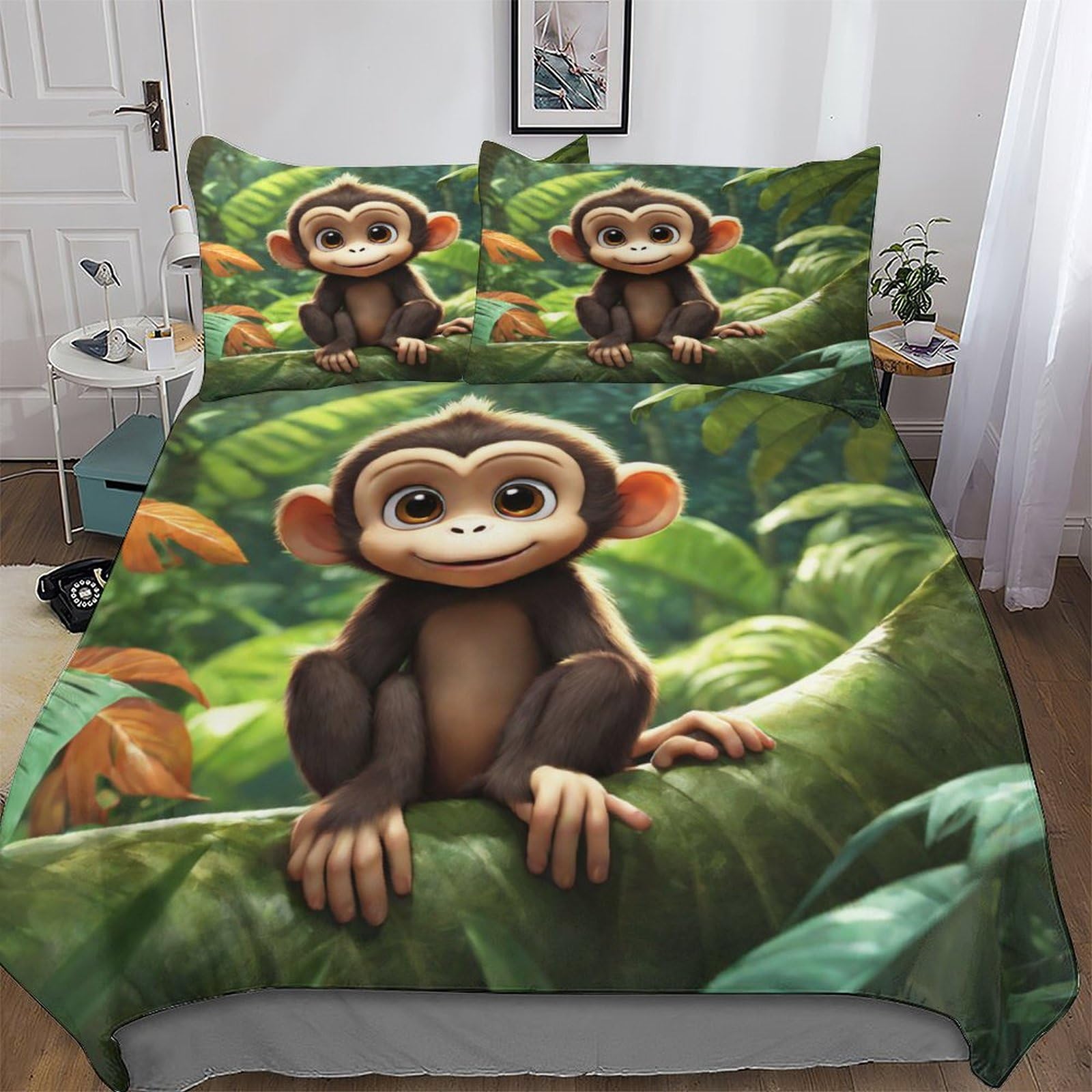 Cute Monkey Duvet Cover Sets, Bedding Bed for Adults Teenager Kids, Quilt Covers with Pillowcase Easy Care And Super Soft Poly Cotton Comforter Cover 3 Pieces Set King (220x240cm)