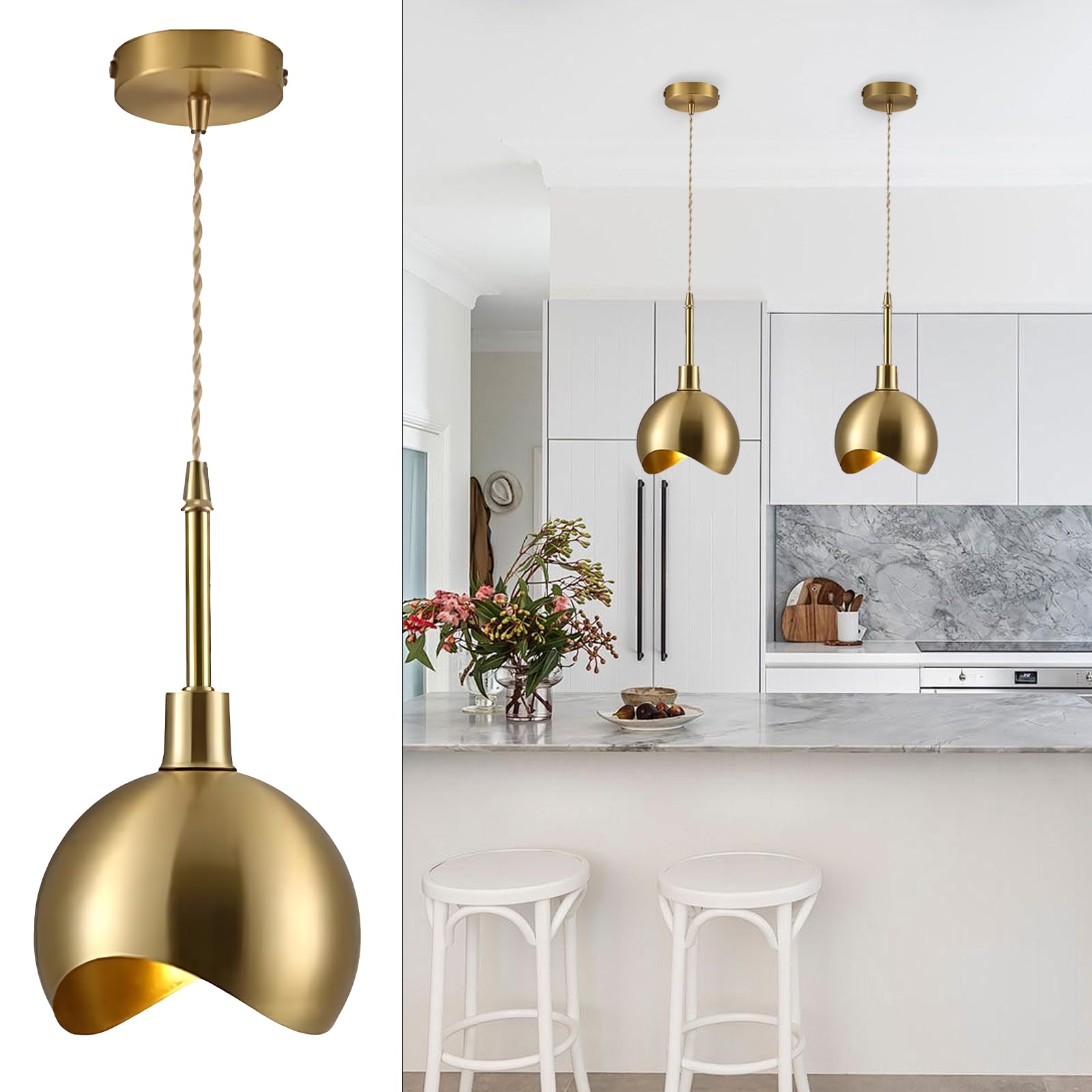 KCO Lighting Modern Gold Pendant Light Fixture Mini Brushed Brass Farmhouse Pendant Lighting Kitchen Island Hallway Foyer Mid Century Vintage Industrial Hanging Ceiling Lamp
