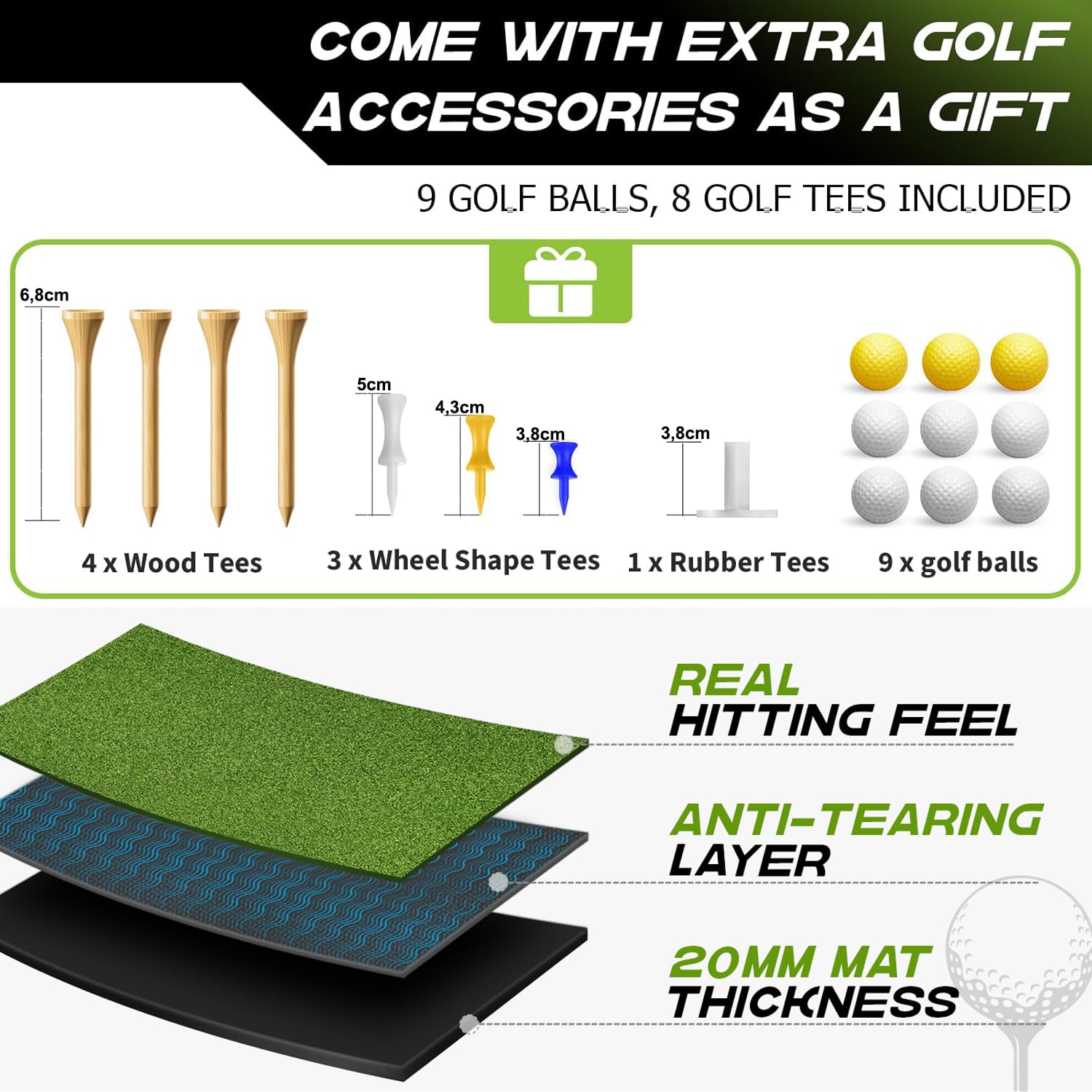 Golf Abschlagmatte 150 x 117 cm, 6 Abschlagpositionen, Kunstrasen, Grün, Faltbar, Ideal für Indoor und Outdoor