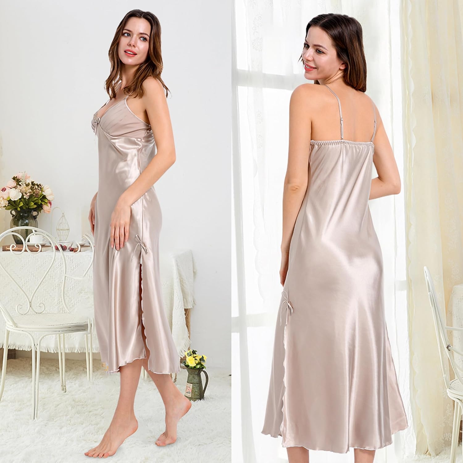 Victorian Silk Nightgown Women Girls Long Sleeveless Satin Princess Lingerie - Image 5