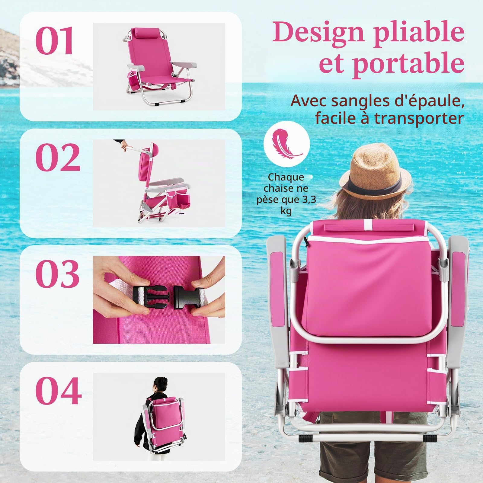 KOMFOTTEU Chaise Plage Pliable, 5 Positions Dossier réglable, Rose, 2 | Fauteil de Plage avec Appui-tête, Chaise de Camping avec Poches latérales, Charge de 150 kg
