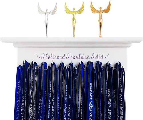 Trophy Shelf and Medal Hanger Display with 23 Strong Ribbon Hooks, Wooden Medal Holder for Wall Showcase Running Award Honors, Motivating Gifts for