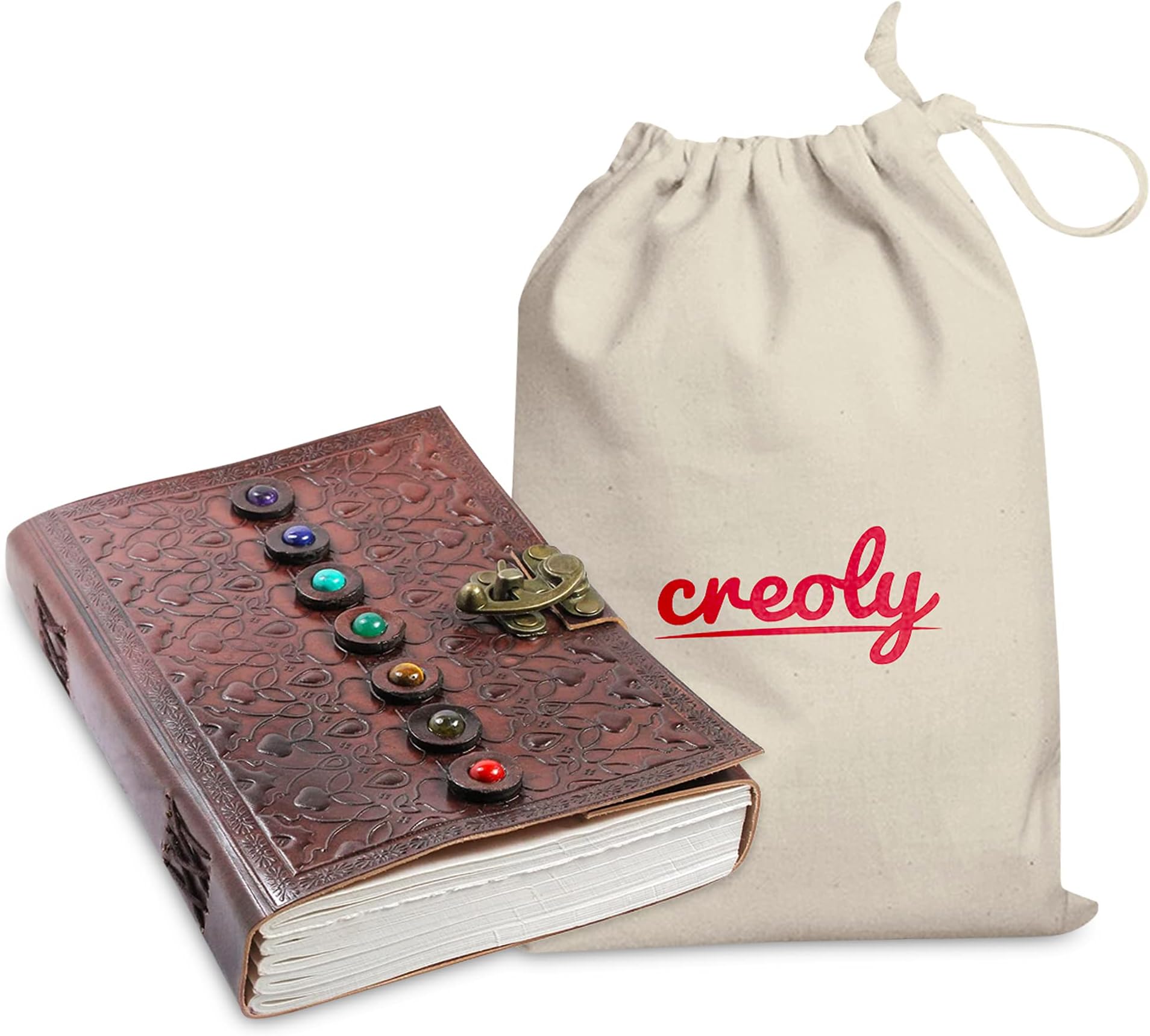 Chakra Healing Journal Notebook with Gem Stones - Leather Grimoire Book of Shadows with Latch - Plain Unlined Pages