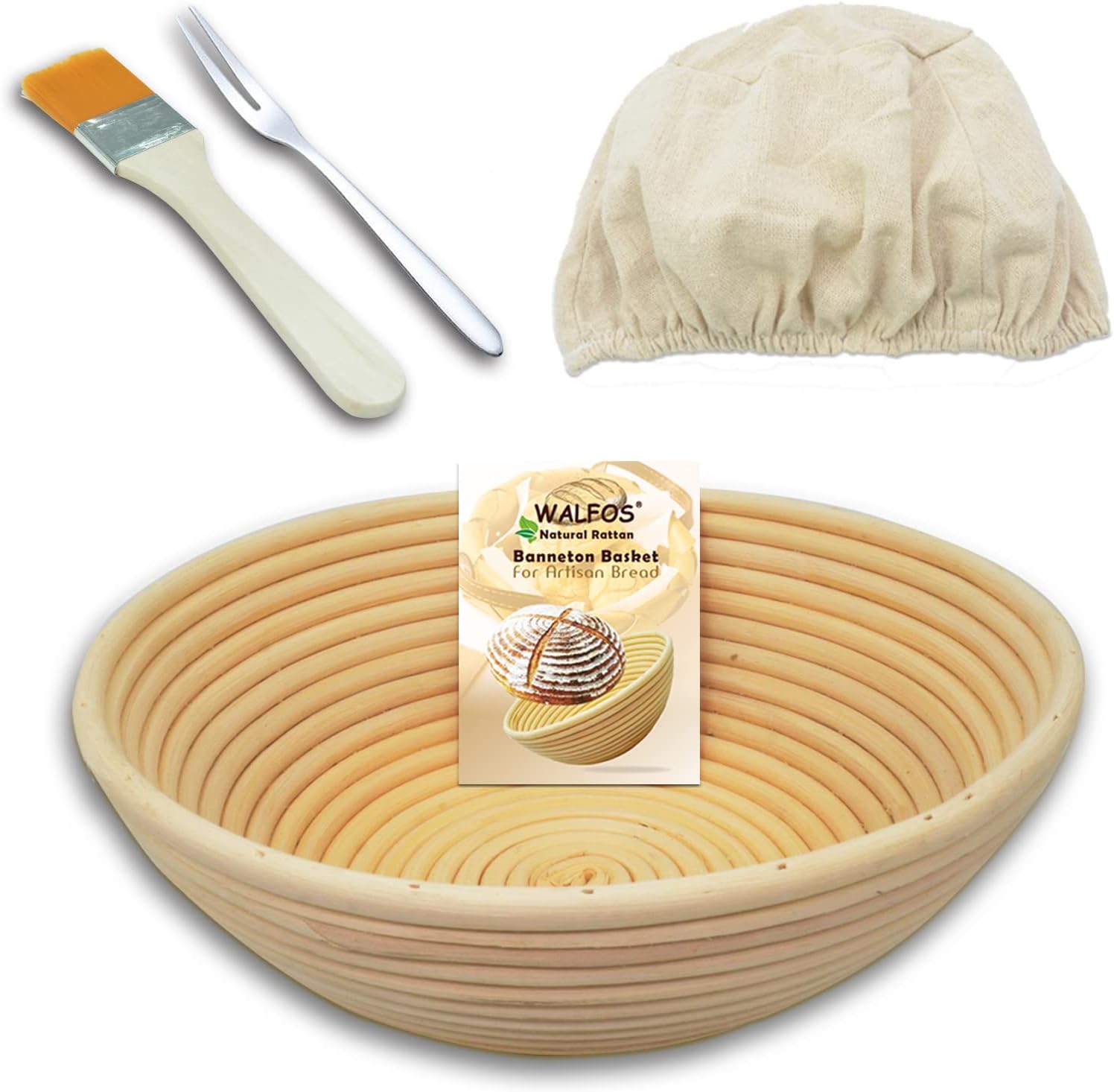 WalfosProofing Basket, Proofing Basket for Bread Baking Set, Round Banneton Diameter 25 cm, Includes 100% Natural Rattan, Brush, Bread Fork and Linen Cover, Ideal for Home and Professional Bakers