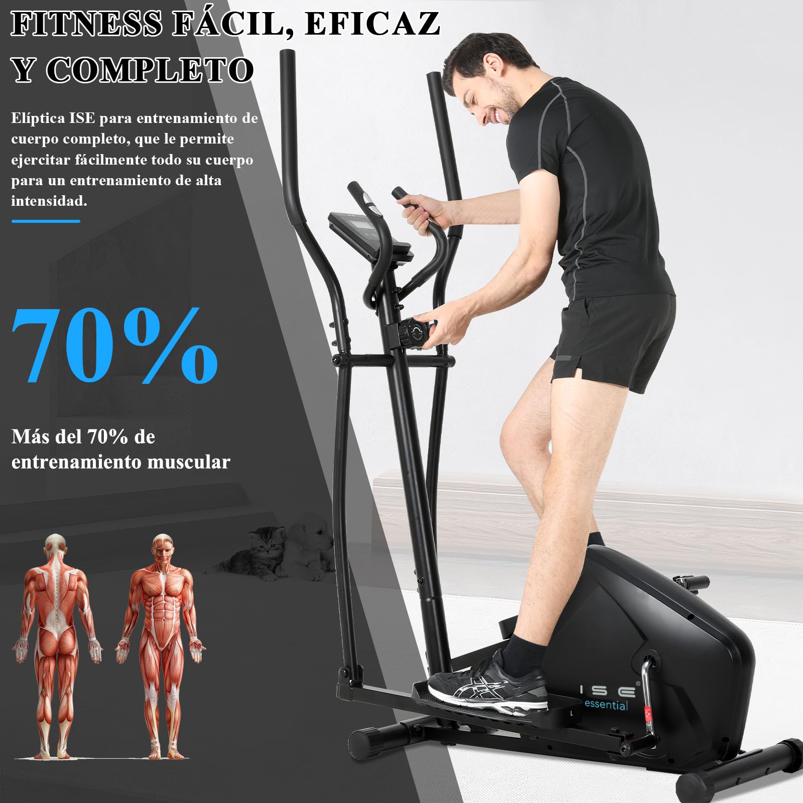 ISE Bicicleta Elíptica para casa con zancada de 28 cm, eliptica con, 8 Niveles de Sistema magnético Externo bidireccional, elipticas Fitness casa con LCD Pantalla y sensores de Pulso
