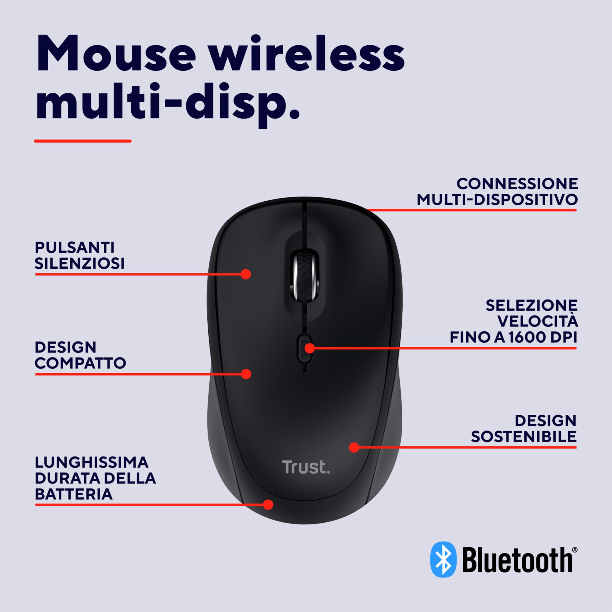Trust Yuki Mouse Wireless Silenzioso Bluetooth + 2.4GHz con Batteria, Mouse Senza Fili Compatto per Mano Sinistra e Destra, 75% Plastica Riciclata, Mouse Bluetooth per Laptop PC iOS Android Mac