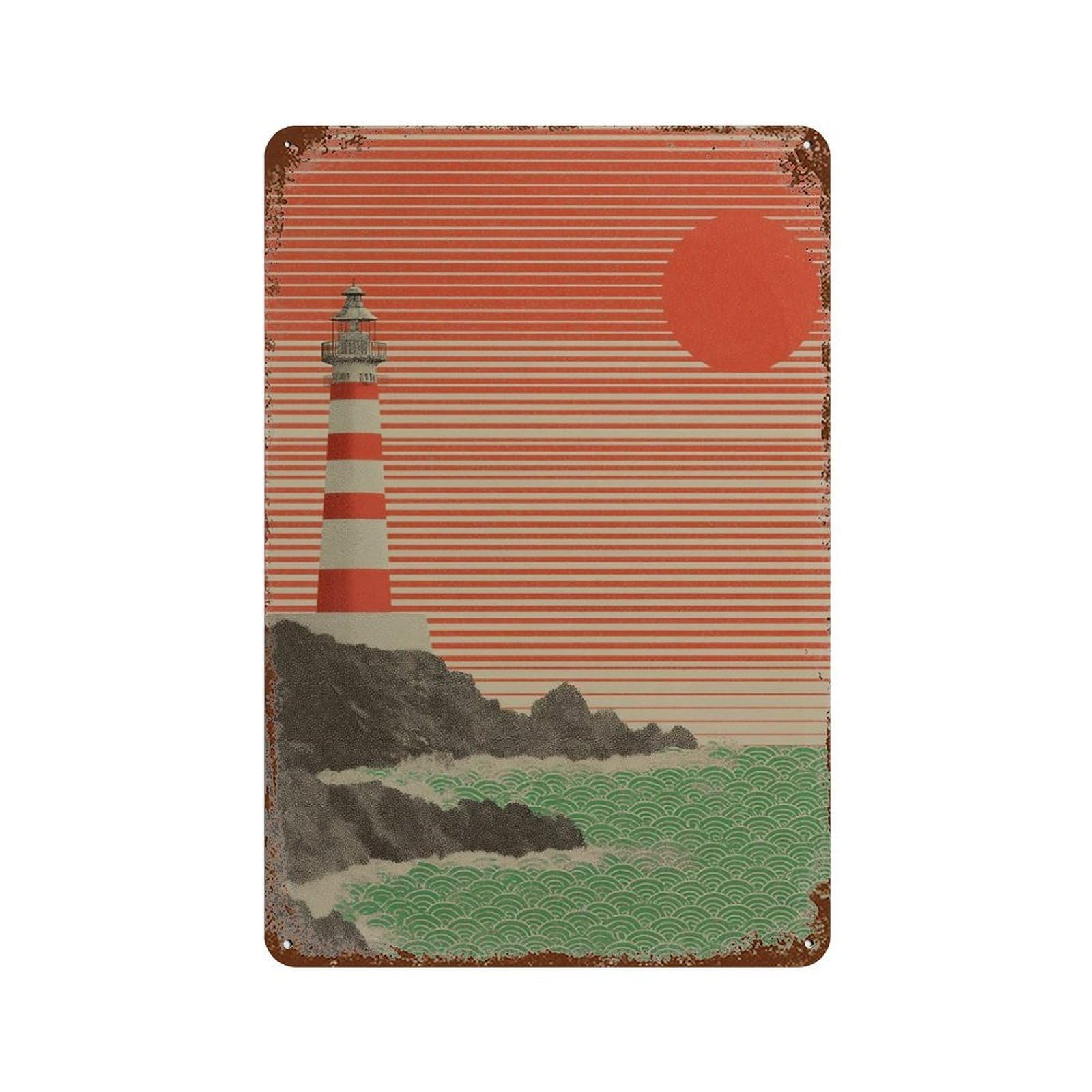 xiaoxiaoshen Lighthouse Coastal Sunrise Japanese Seascape Red Sun Ocean Waves Wall Decor Art Metal Tin Poster Modern Home Decor Art Home Bar Shop Decorations Vintage Sign 30x20cm