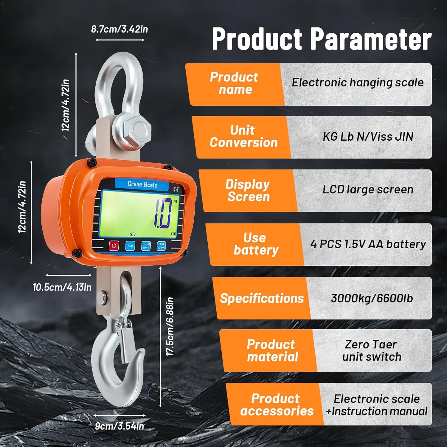 Báscula de grúa de 3000kg, Báscula de Grúa Electrónica 3T,Colgante Industrial con sensor preciso, pantalla LCD grande y control remoto, Visualización de temperatura y humedad para granjas(Orange)