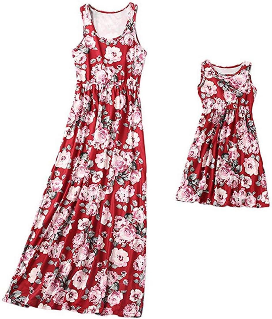 Snaked cat Summer Family Matching Outfits Mommy and Me Floral Dress Red Sleeveless Round Neck Maxi Dress High Waist Dress Casual Sundress with Pockets