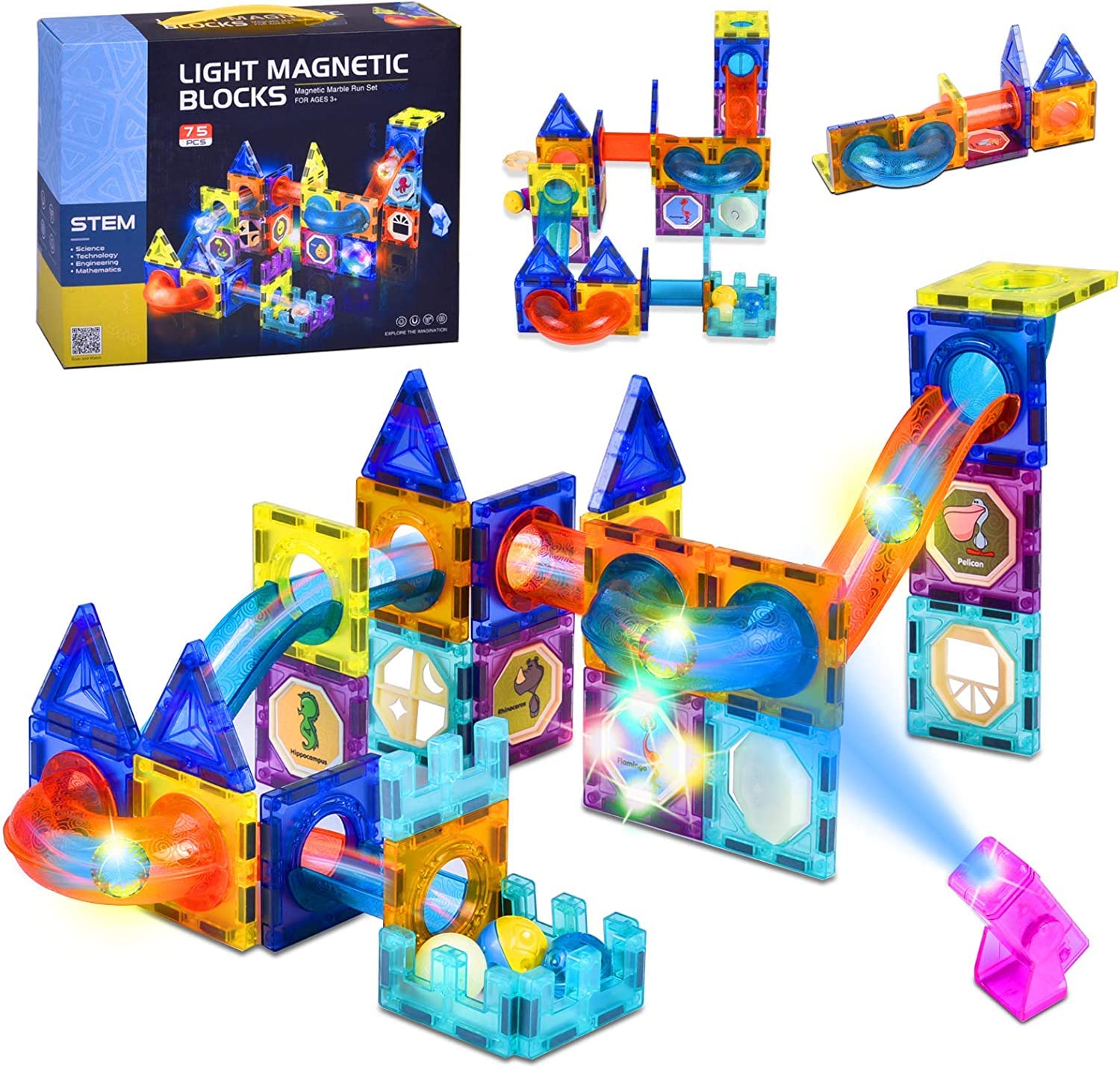 Buy Snaptron Tiles Marble Run 75 pcs with Ligh Balls Building