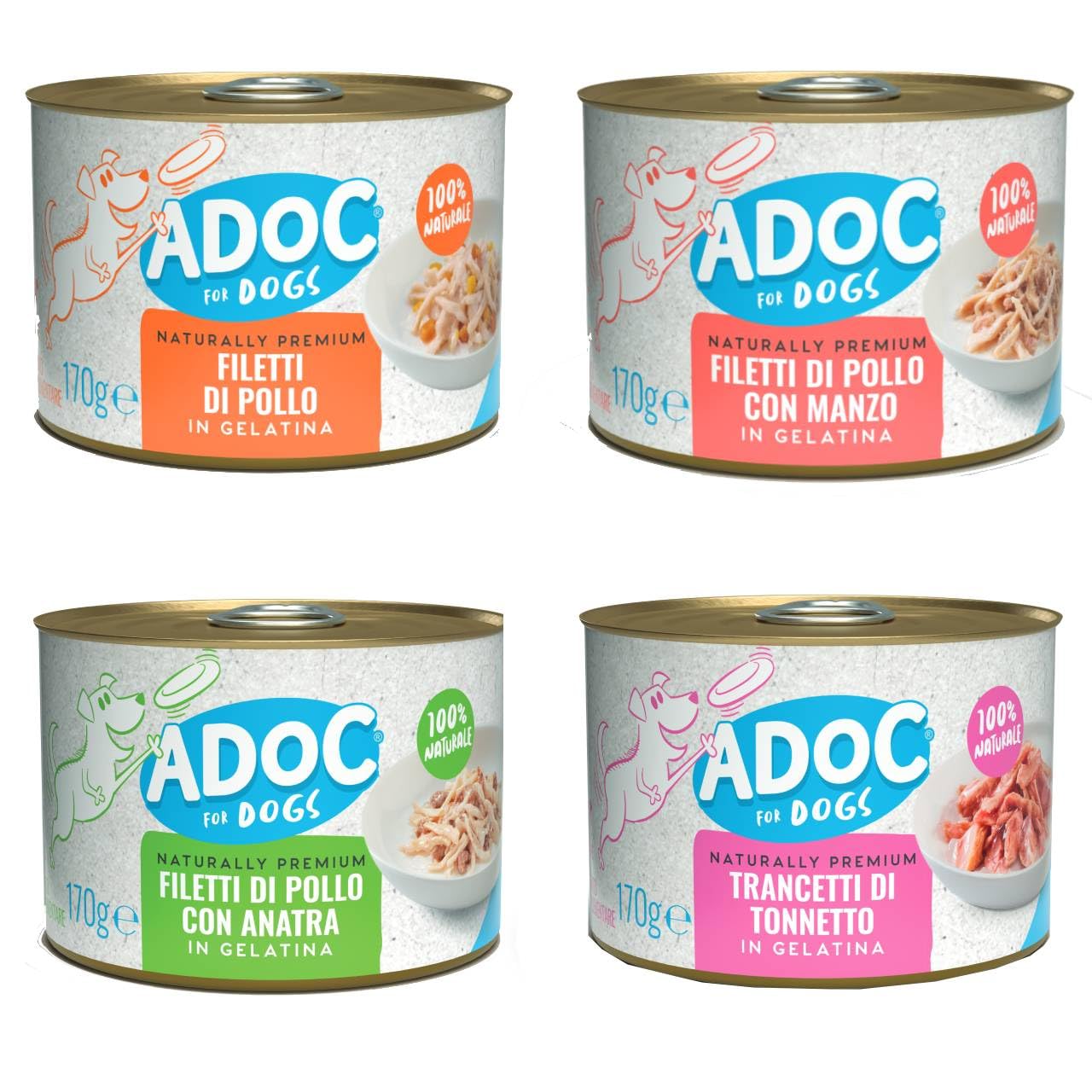 ADoC Dog Cibo Umido per Cani MIX 4 - Trancetti di Tonnetto, Filetti di Pollo, Anatra e Manzo - 24 Lattine da 170gr