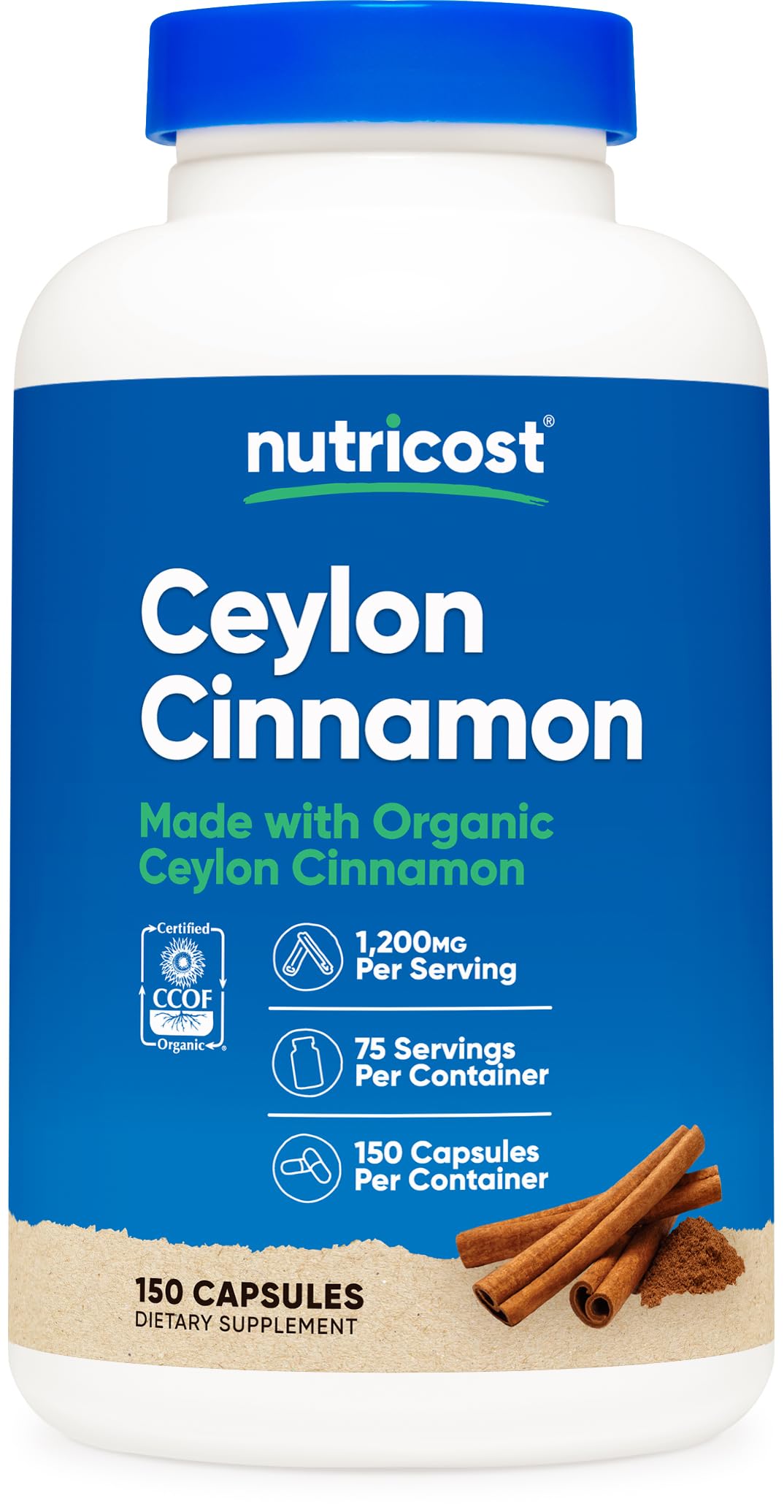 Nutricost Cinnamon (Ceylon Cinnamon) 1,200mg Serving, 150 Capsules - Made with Organic Cinnamon, Gluten Free, Non-GMO