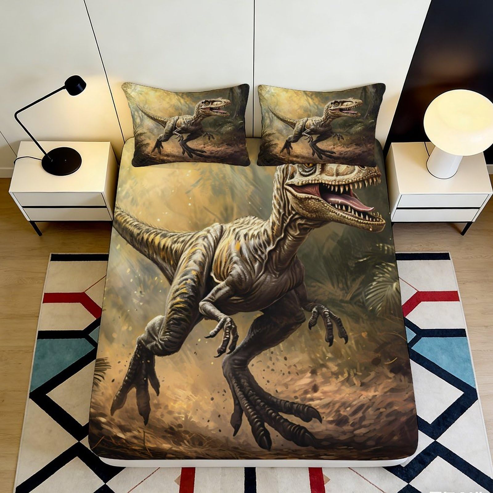 3D Printed Dinosaur Jungle Fitted Sheet Microfiber Soft Anti-Slip Bed Cover for Bedroom Guest Room Mattress Protection Decor 160x200x25cm