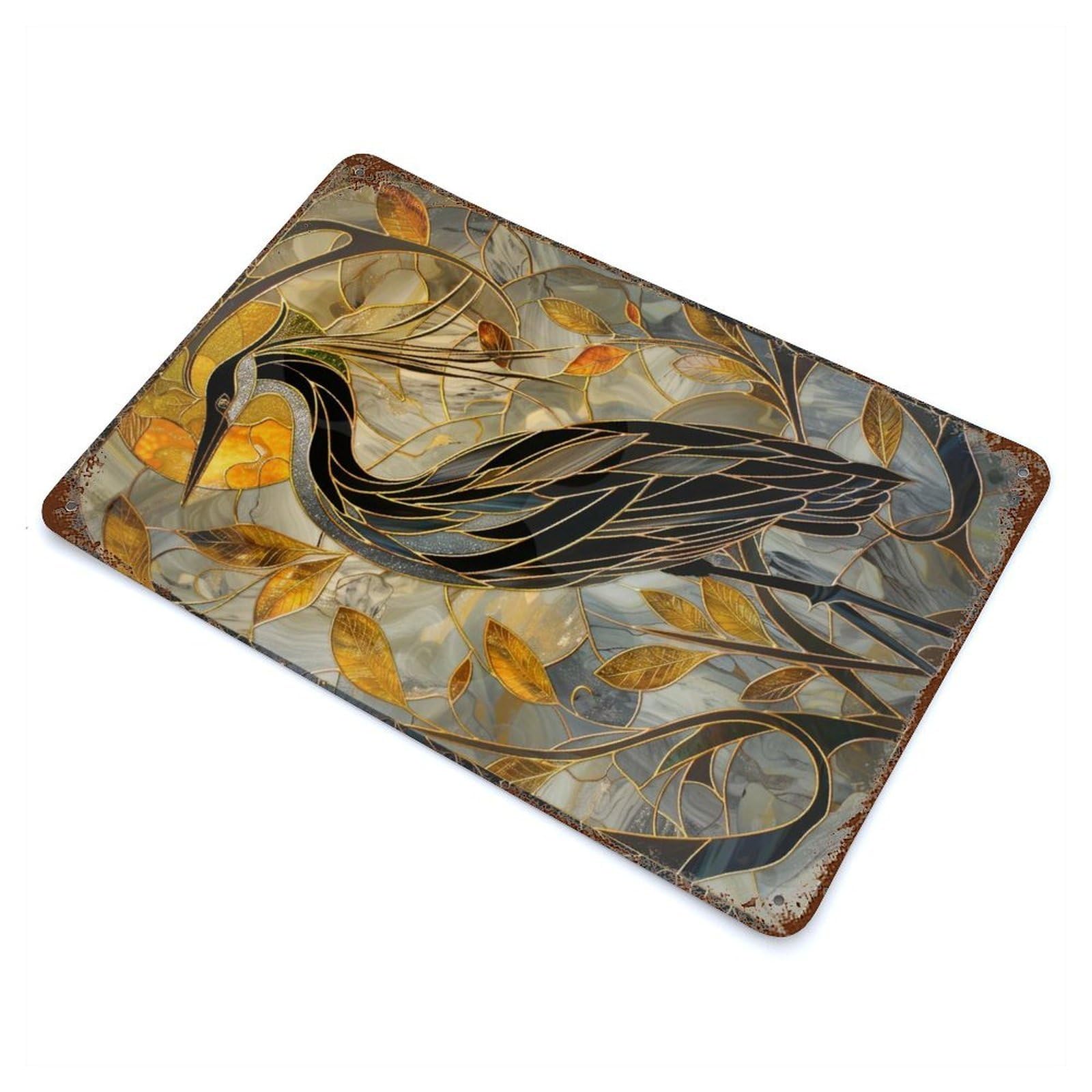 Vintage Rust Metal Sign with Kintsugi Heron Stained Glass Design 11.8"x7.9", for Shed, Workshop And Garage Wall Decor, Classic Wall Plaque