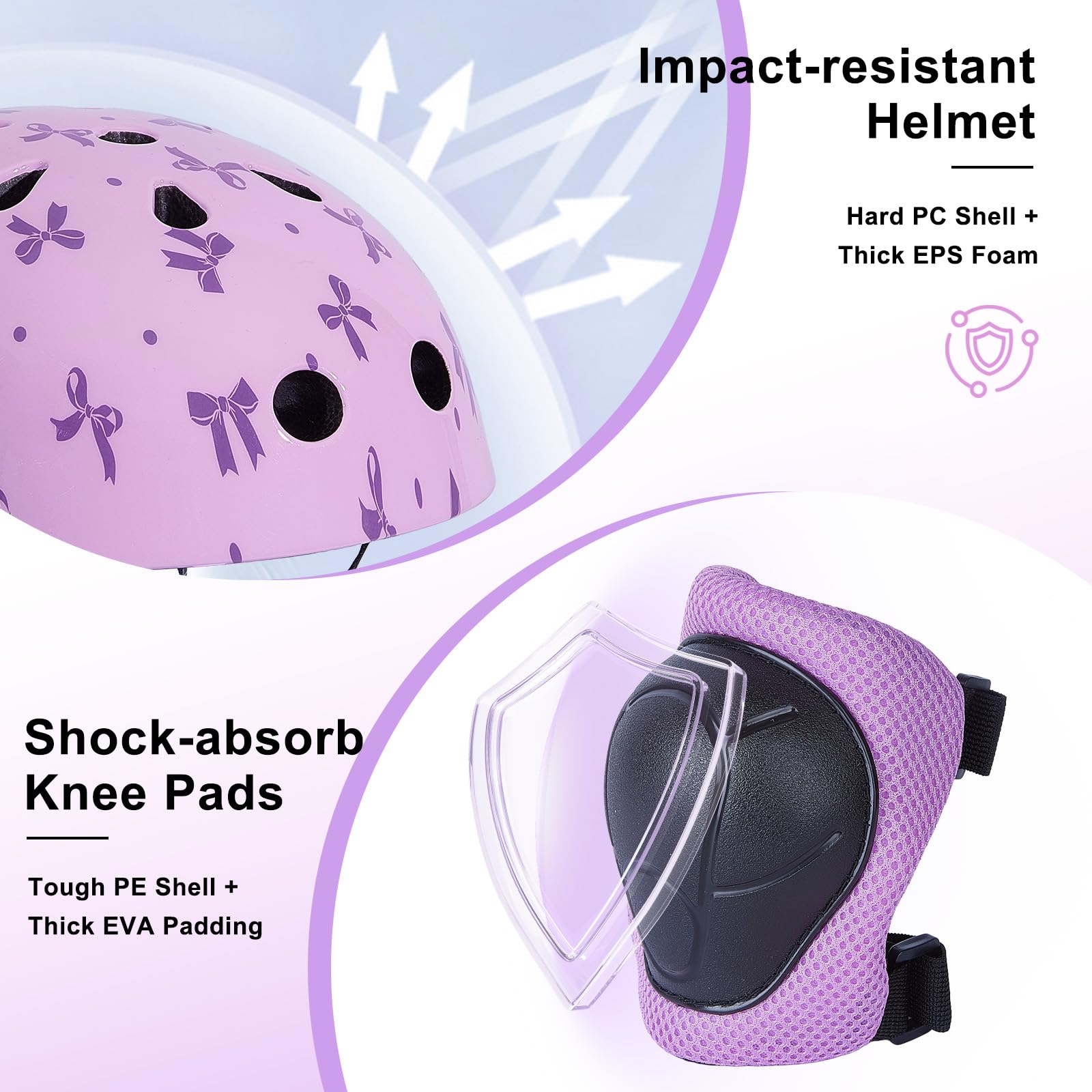 Casque de vélo pour enfant avec équipement de protection pour fille de 8 à 14 ans, casque de skateboard réglable, avec genouillères et coudières, résistant aux chocs avec joli nœud DIY pour