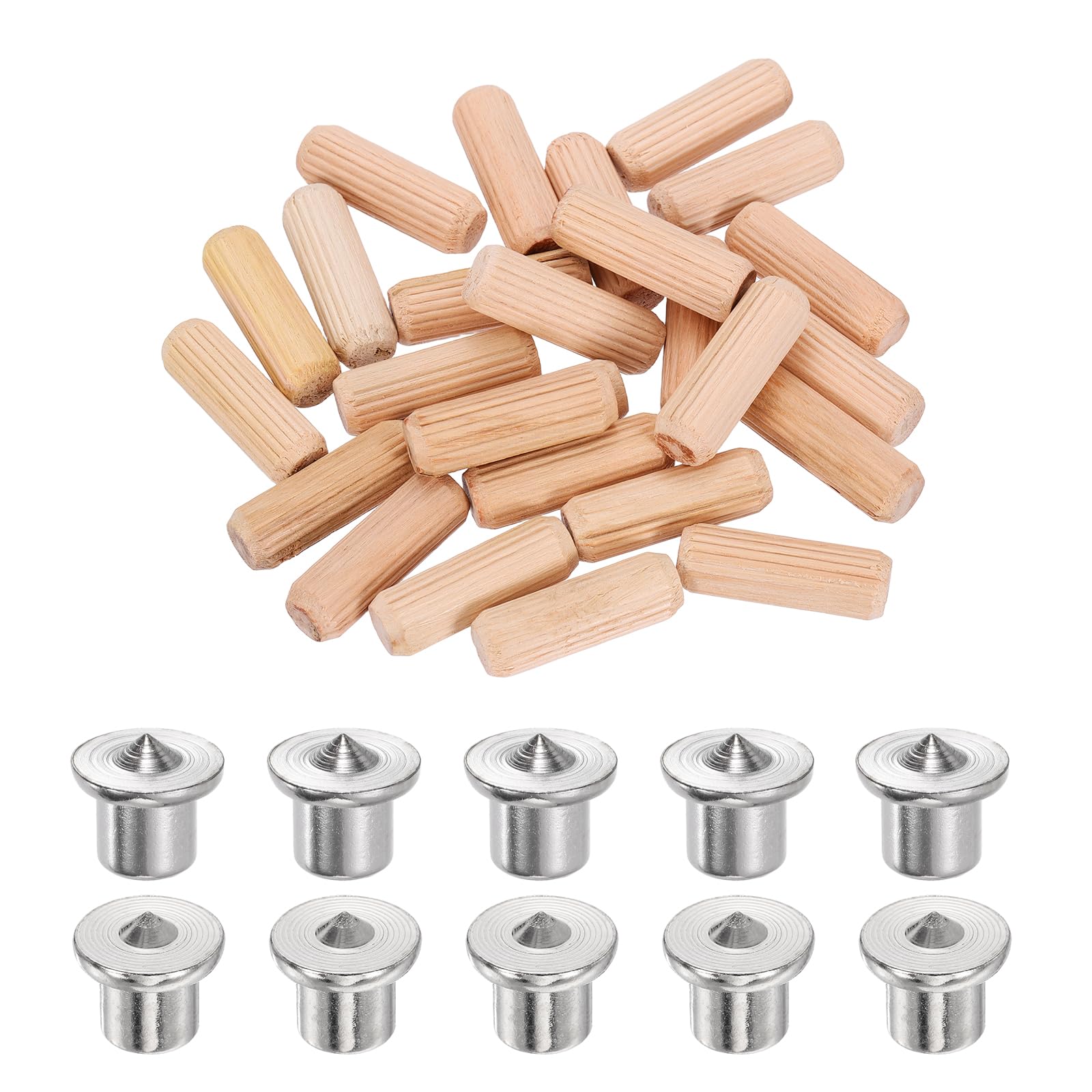 sourcing map 160Pcs Wood Dowel Pins, 10 x 30 mm Wooden Dowel Rods Straight Grooved Pins with 10Pcs Solid Hollow Dowels Tenon Center Transfer Plugs for Furniture Woodworking DIY Project