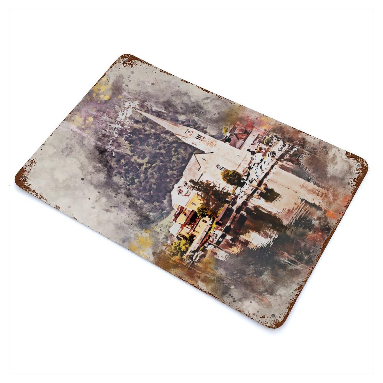 Hallstatt in Watercolor 11.8"x7.9" Aged Metal Wall Plaque, Novelty Wall Decor for Shed, Workshop And Garage Wall Decor