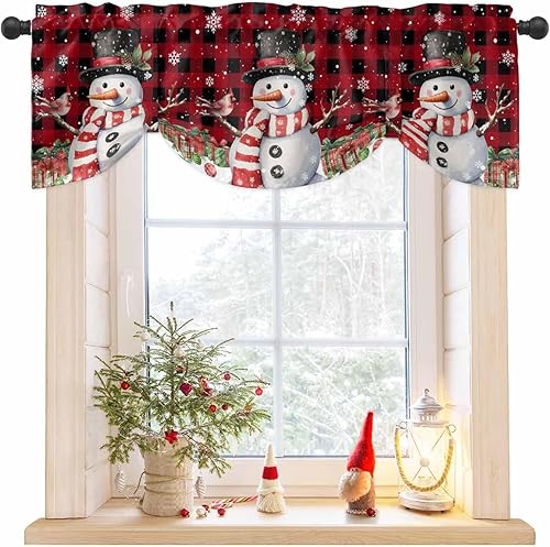Christmas Snowman Tie Up Valances for Windows Xmas Snowman Cardinal Red Black Buffalo Plaid Rod Pocket Short Window Valance Curtain Home Decor