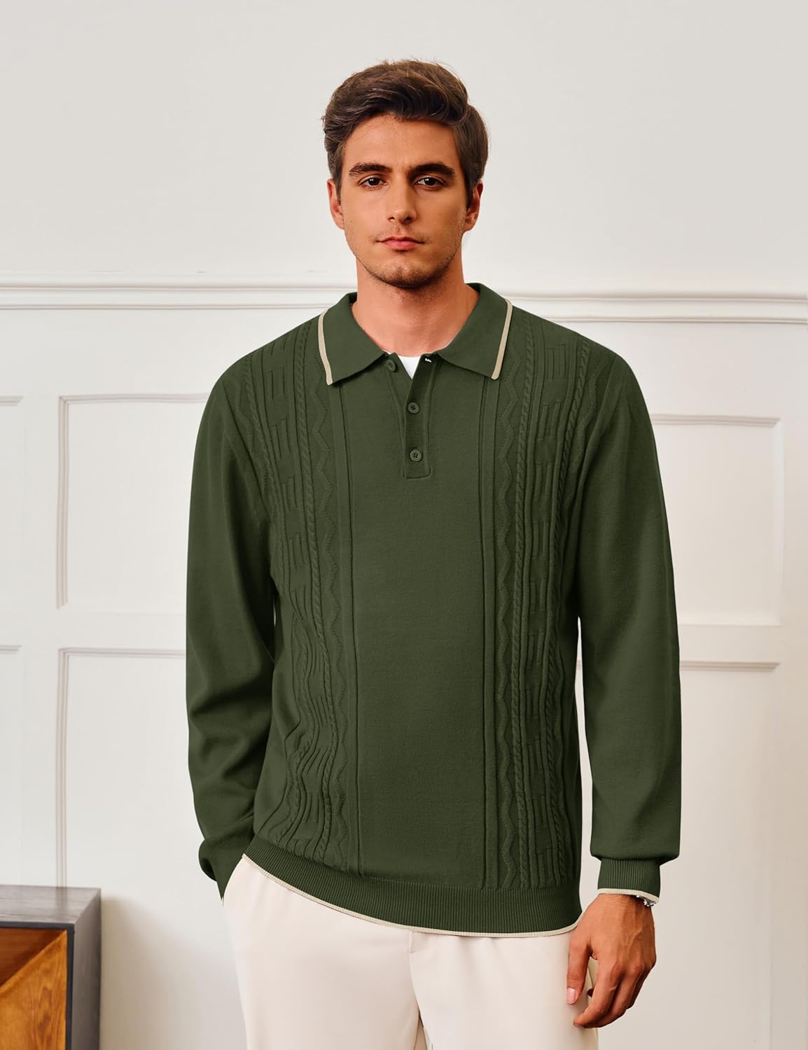 Cotrasen Mens Knit Polo Sweater Long Sleeve Textured Casual Collared Button Sweater Ribbed Lightweight - Image 2