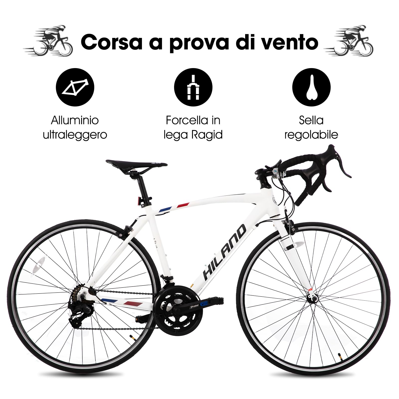 Hiland Bici da Strada 28 Pollici, Telaio in Alluminio 700C Unisex, Freni a Bacchetta Anteriore e Posteriore, 14 Velocità, Telaio 490/530/570mm, Nero/Bianco