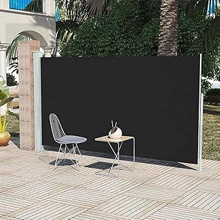 Patio Side Awning Adjustable Width, Tear-Resistant Polyester Fabric, Wind and Sun Protection, Green Gray Stand with Black Screen