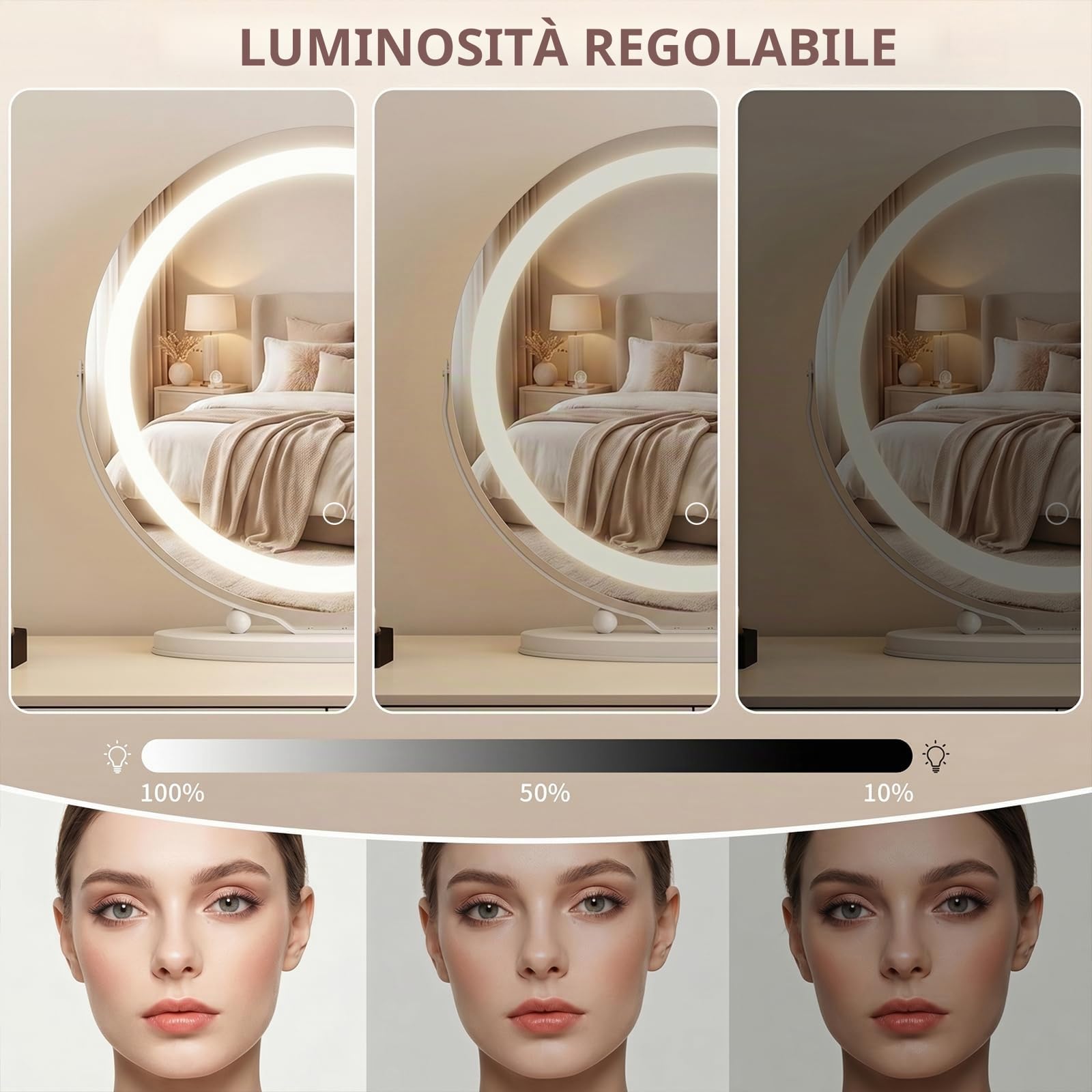 Hollywood - Specchio cosmetico con luci, 48 cm, rotondo, LED, con 3 modalità di illuminazione, ingrandimento 10x, controllo touch, luce dimmerabile, rotazione a 360°,bianco
