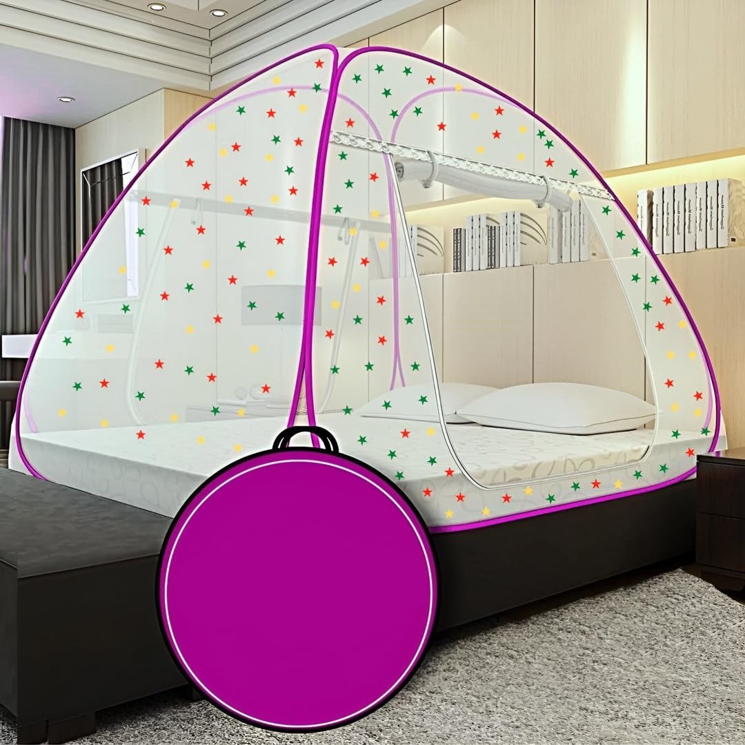 Foldable Mosquito Net with Free Star for Single Bed | Pop Up Tent Style & Zipper | Easy Install-Pink-PZ1208-picture-19