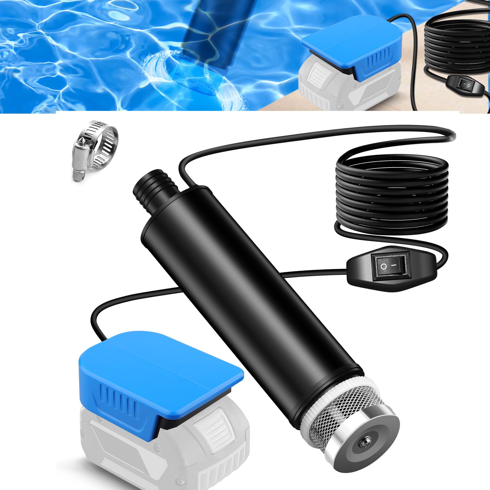 Portable Water Pump Sump Pump Compatible with Bosch GBA 18 V Battery, Idle Speed of The Motor 4500 RPM Flow 30 l/min, Lift 15 ft 120 W Powered Water Pump for Garden, Camping, Kiddie Pool