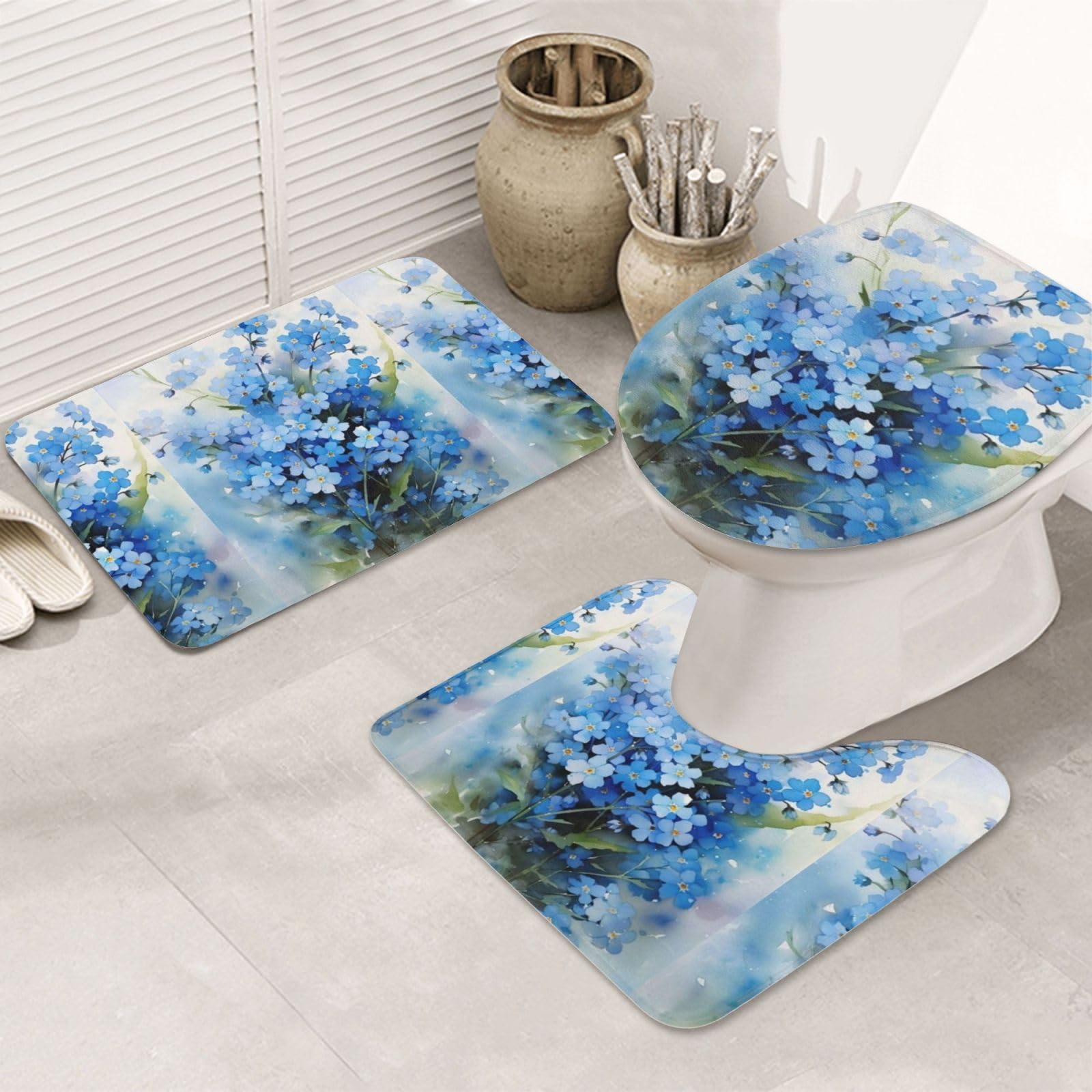 Tapis de bain 3 pièces Aquarelle Fleurs de Myosotis absorbant et lavable