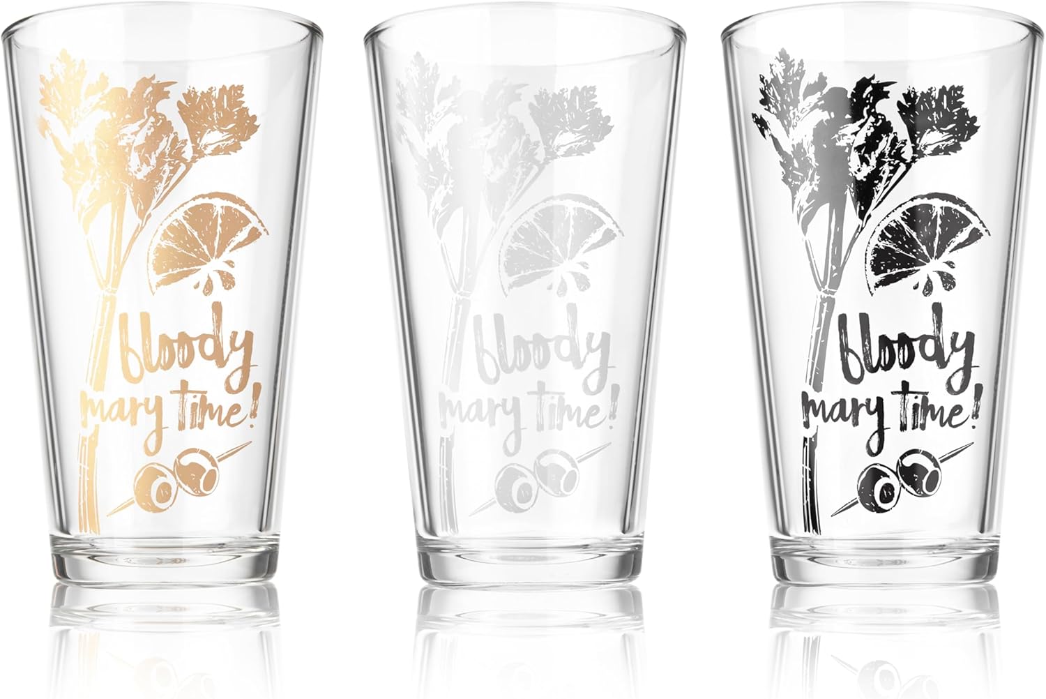Final Touch Bloody Mary Time Pint Glasses with Graphic - Three Colours (Gold, Silver and Black) - Set of 3 (GG5203)