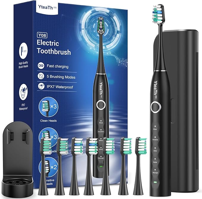 Cepillo de Dientes Eléctrico Sónico Adultos con 8 Cabezales - Cepillo Electrico Sónico Adultos con Estuche, 5 Modos, IPX7 Impermeable, Cepillo Dientes Electrico Viaje Recargable, Negro Mate