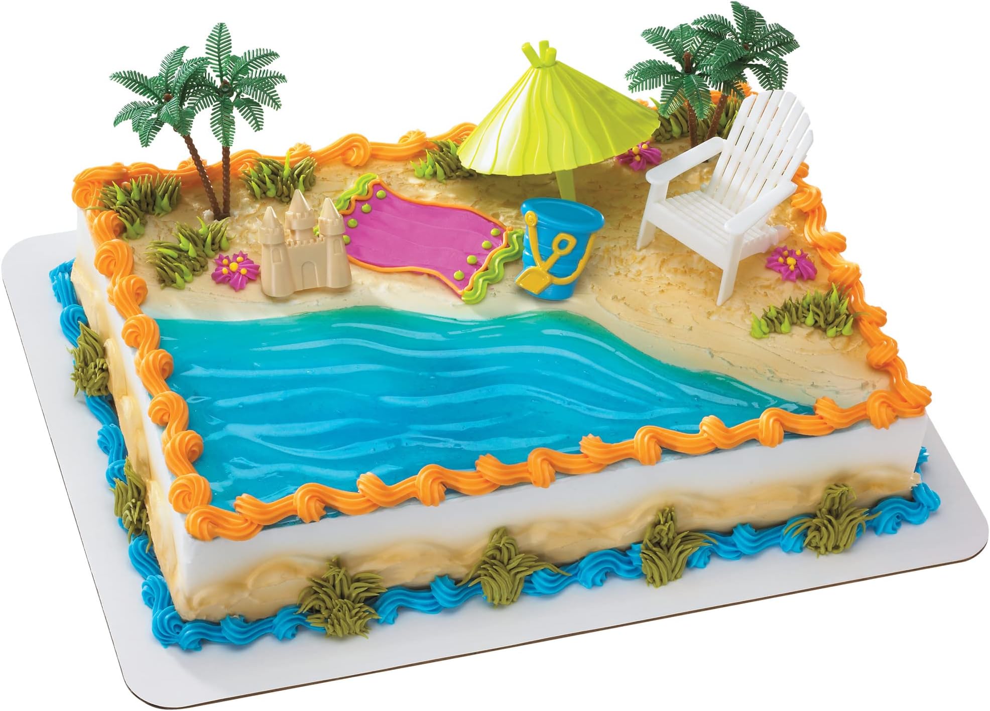DecoPac DecoSet® Beach Chair and Umbrella Tropical Beach Cake Decoration, 6 Piece Cake Topper Set, Palm Trees, Deck Chair, Beach Umbrella, Sand Castle and Bucket, Food Safe,