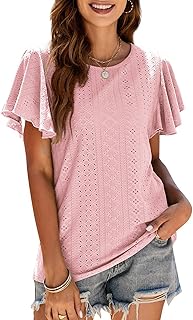 Verano De La Mujer SóLido Color Gancho Hueco Camiseta Atado Cuello Redondo Ruffle Sleeve Casual Tops