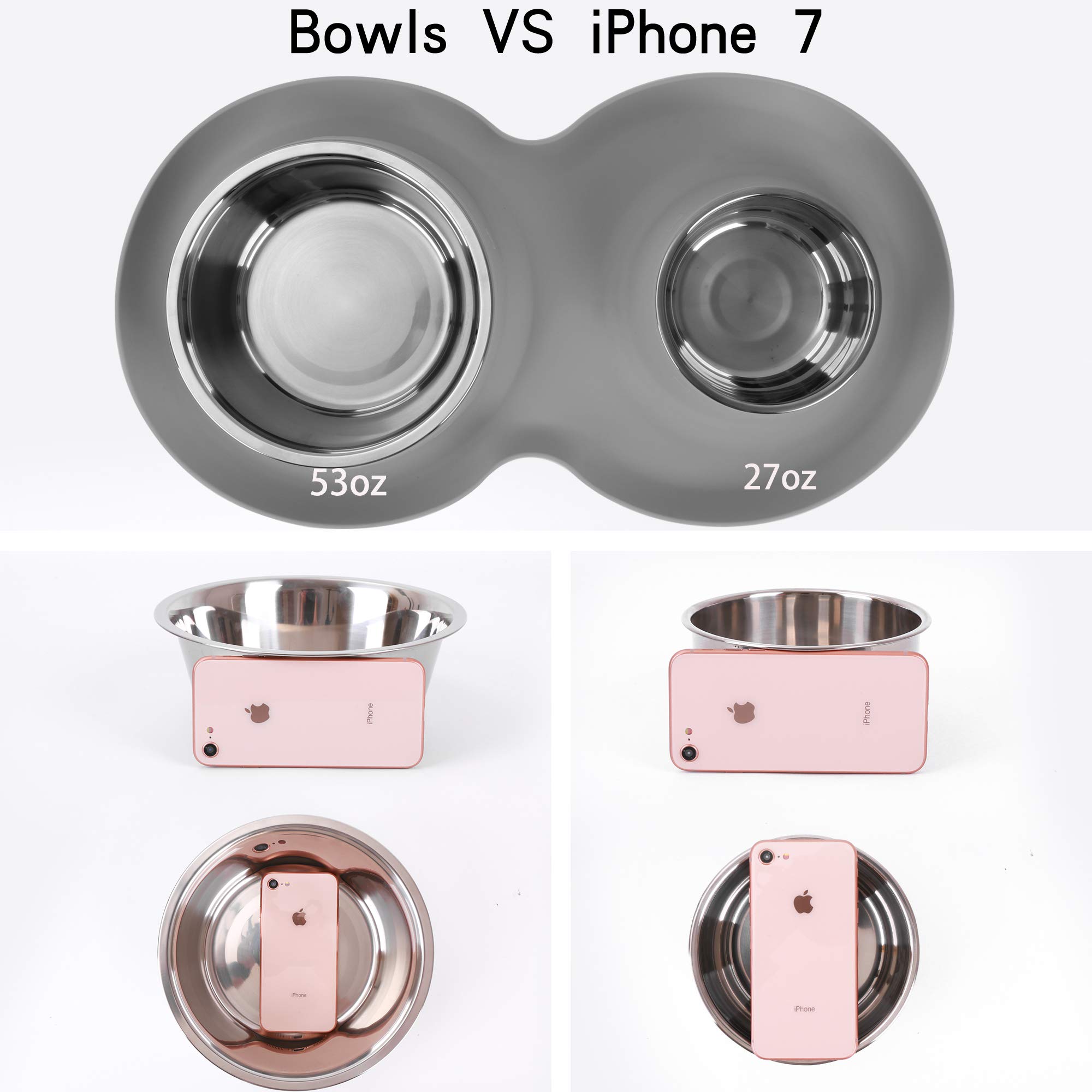 Miski dla zwierząt domowych 2 miski dla psa ze stali nierdzewnej (1,5 g + 760 g) z 3 cm bez rozlania, antypoślizgowa mata silikonowa + powolne karmienie dla psów i karmy do karmienia małych dużych psów, kotów, szczeniąt (szare)