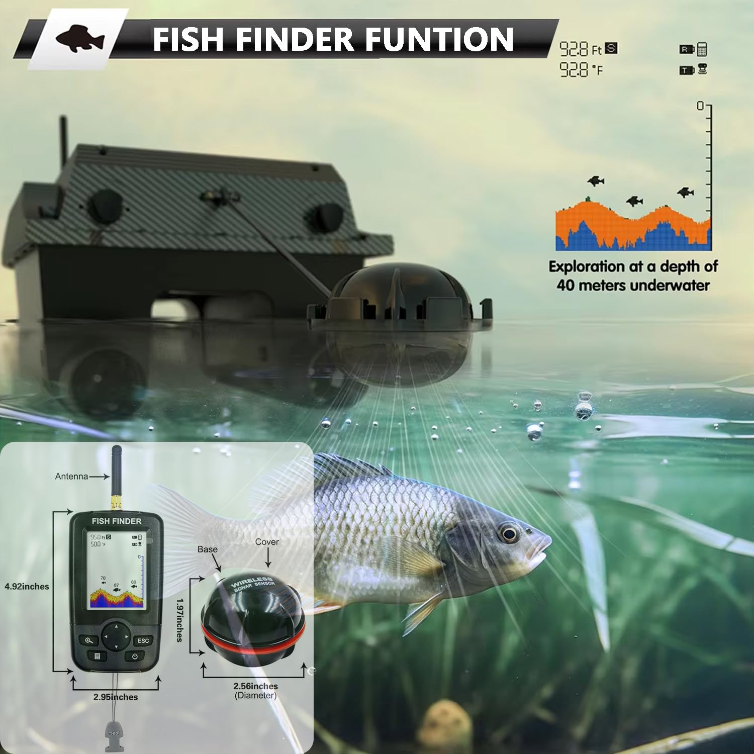 Barca Esca da Pesca RC con GPS ed Ecoscandaglio, Bait Boat Telecomandata, 180 Waypoint, Controllo 800 m, Serbatoi Esca 3 kg, Ritorno Automatico, Rilascio Amo e Rete, Nera
