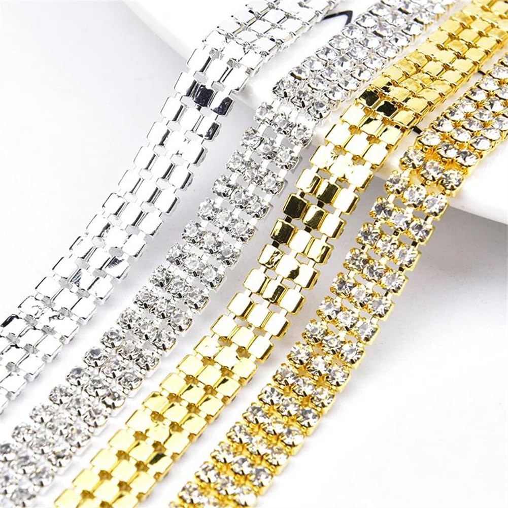 Frędzle z kryształkami, 3 rzędy frędzli z kryształkami górskimi Złoto Srebro 2-5 jardów(Silver 25mm 3 Rows,5 yards)