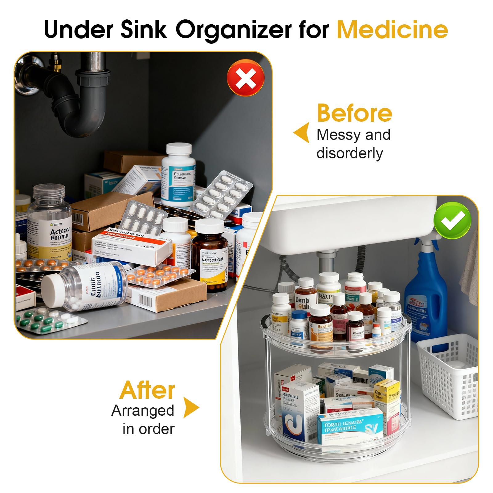 Confezione da 2 organizer per armadietto dei medicinali, organizer rotativo per medicine e bottiglie di vitamine, organizer sotto il lavandino per medicine, armadietto da bagno, facile da montare