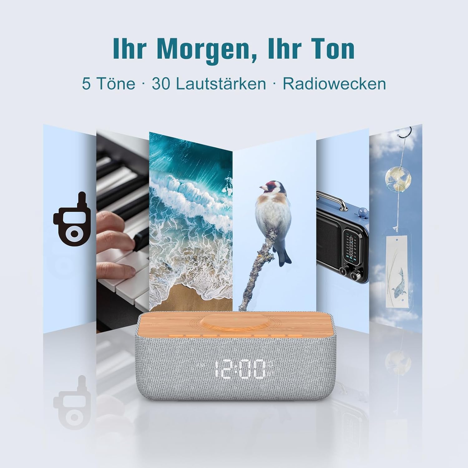 Visual representation of the 6 alarm tones available on the Reacher R9BT-RA-DE: bird, sea, piano, wind chimes, beep, and FM radio.