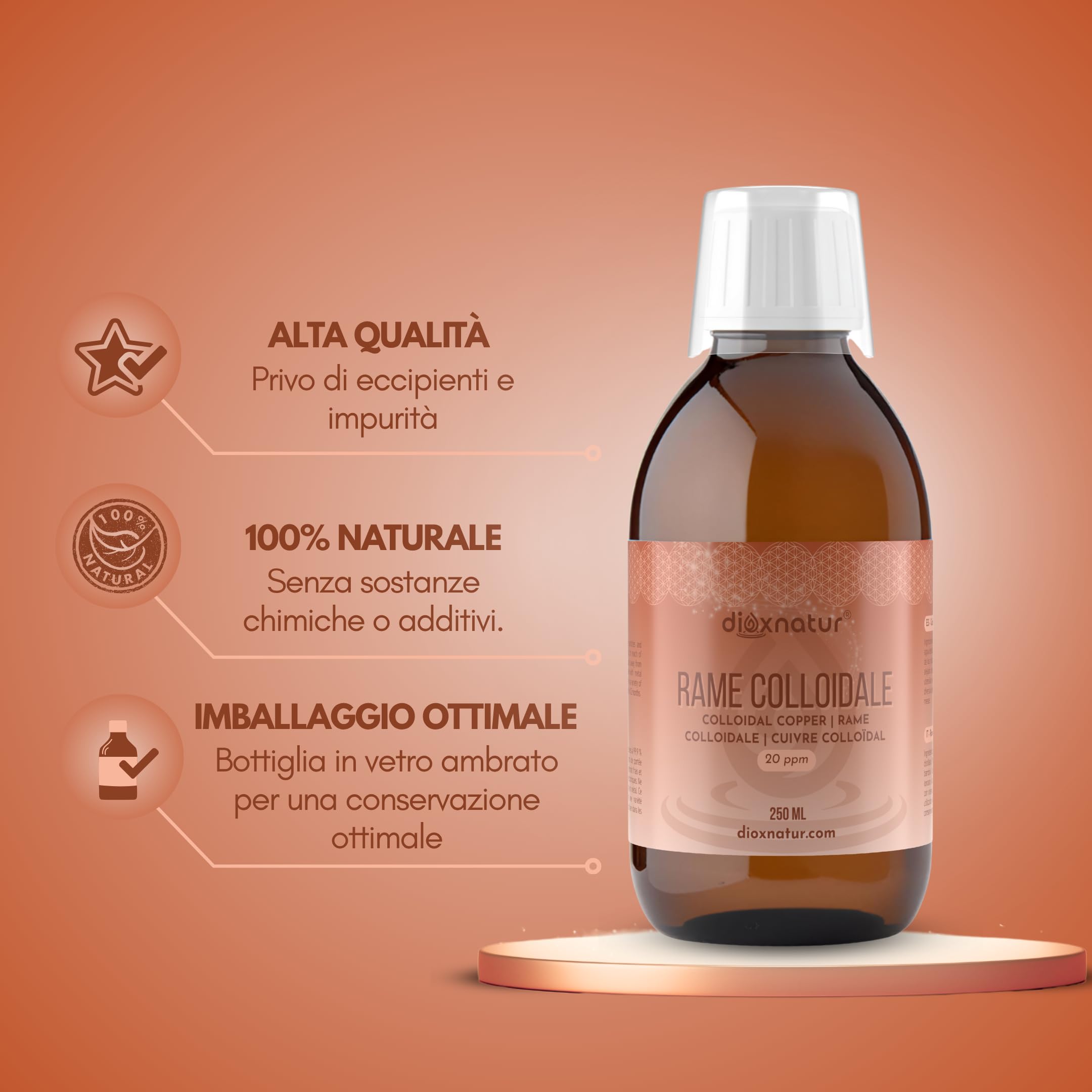 Rame colloidale 250 ml - Soluzione liquida 20 ppm - Purezza 99,99%