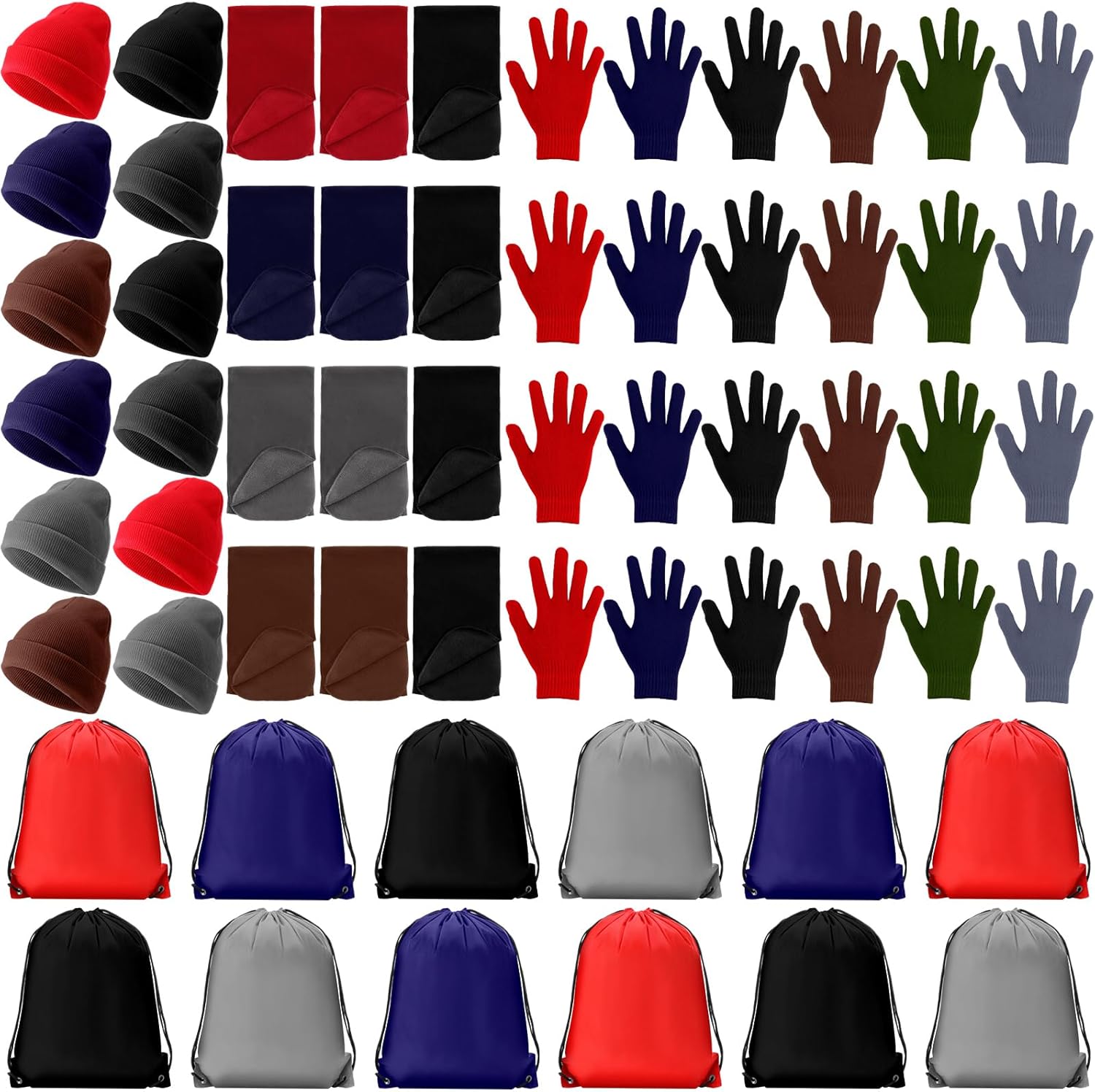 Suhine 48 Pcs Homeless Care Package Supplies Bulk Winter Warm Gloves Beanies Scarves Drawstring Bags for Men Women Unisex