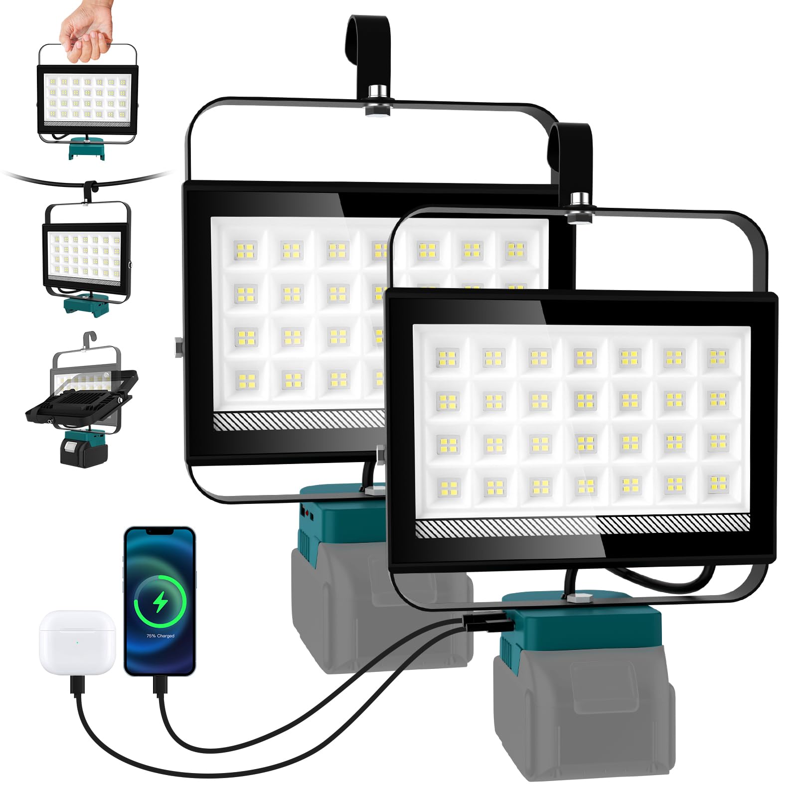 NATPOW Akku Lampe Kompatibel mit Makita 18V (Kein Akku), 2 Stück 6500LM Akku Strahler, 2 Modi Baustrahle Ultra Helle, Tragbarer Strahler mit Typ C und USB-Aufladung für Baustellen Autoreparaturen
