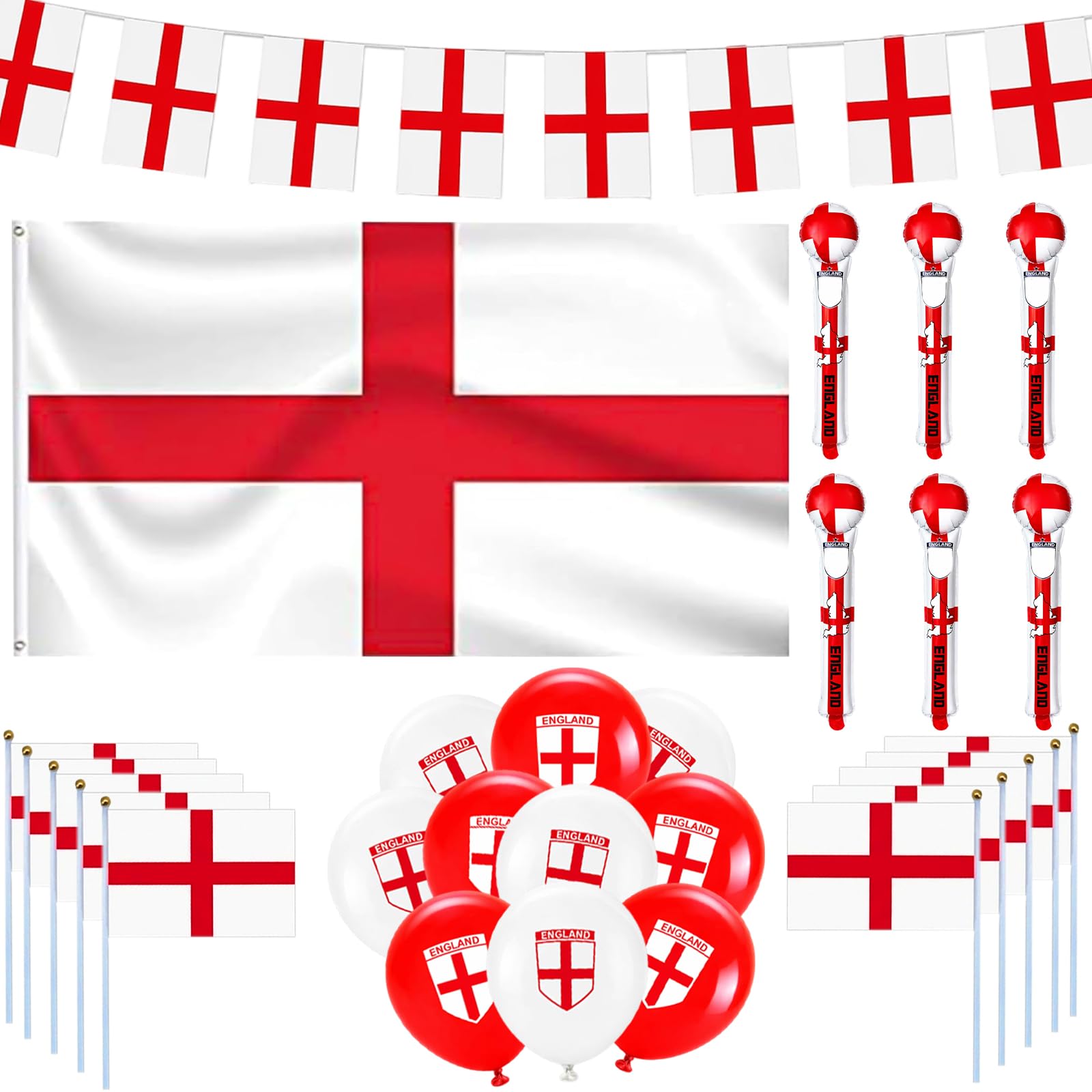 GxouQcn England Flag, England Bunting, 57 Pcs Football Accessories, England World Cup Celebration Set, Includes Large England Flag, Bunting, Handheld Flags, Balloons for Garden Parties