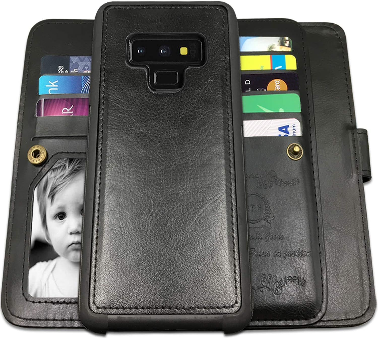 Galaxy Note 9 Cases, Magnetic Detachable Lanyard Wallet Case with 9 Card Slots, Kickstand, Hnad Strap for Galaxy Note 9, CASEOWL 2 in 1 Folio Flip Premium Leather Removable TPU Case(Black)