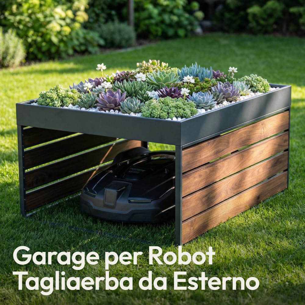CASABEL Cobertizo para Robot cortacésped, Acero galvanizado, con Jardinera | Protección contra la intemperie, Acero galvanizado resistente, Jardinera integrada, Refugio universal, Efecto madera