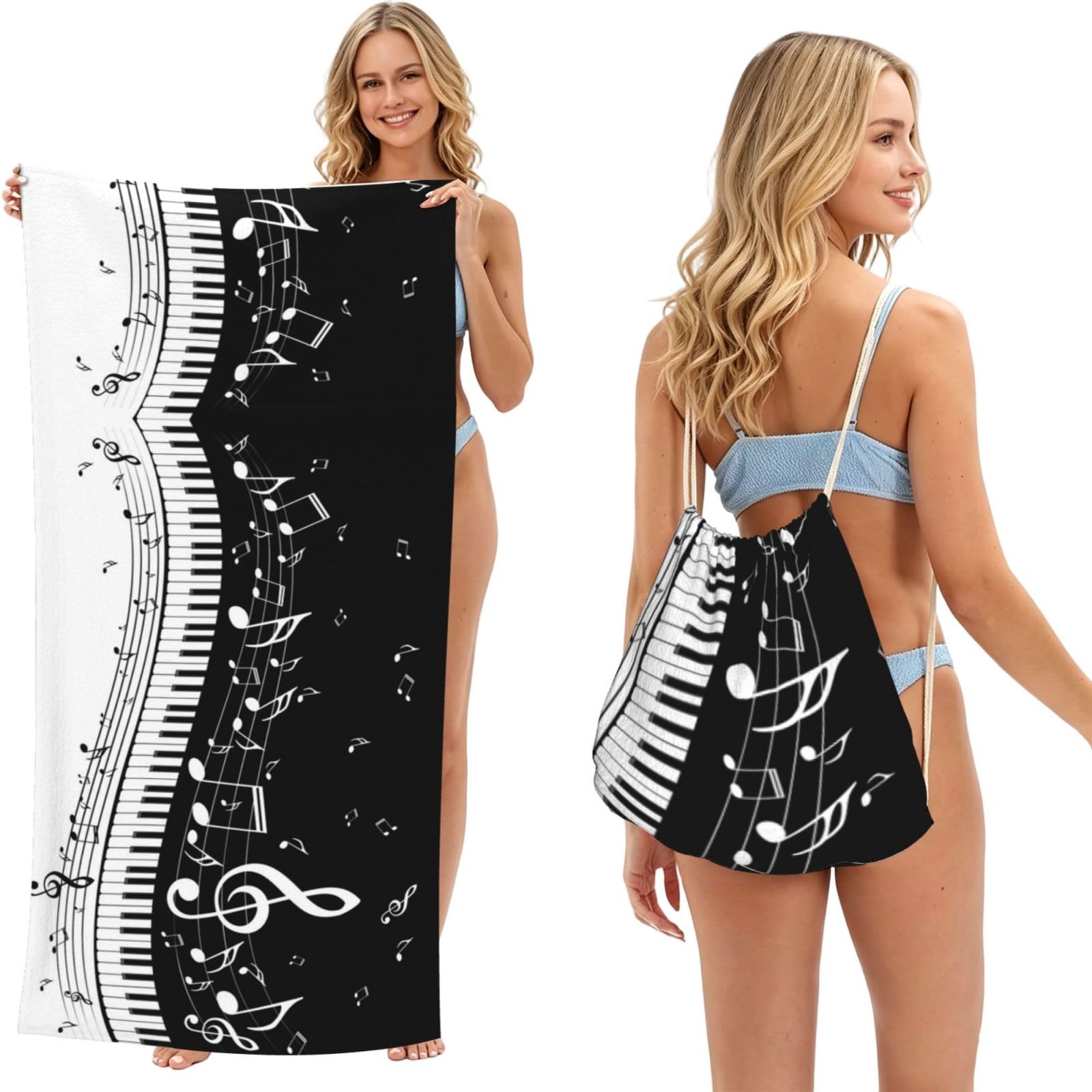 WSHFFILO Black White Music Note printed 2 in 1 Packable Towel Bag Bath Towel Beach Towel