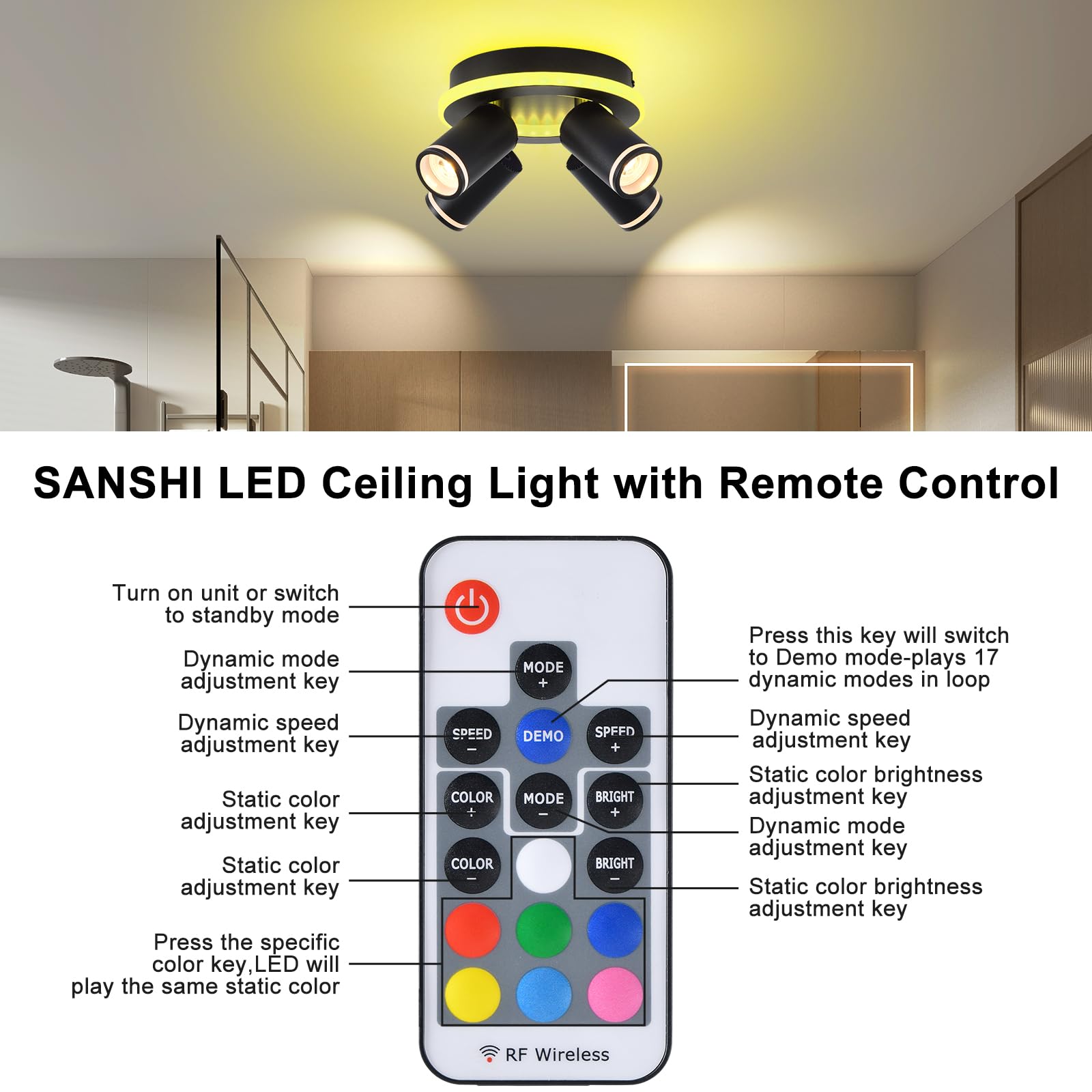 SANSHI Deckenlampe LED Dimmbar mit Fernbedienung,RGB Farbwechsel,Schwarz | Schwenkbar 350° Deckenleuchte,4 Flammig Rund Deckenstrahler,unteres Glühen 14W+4x5W GU10 spots,Modern Lampe Decke für Küche