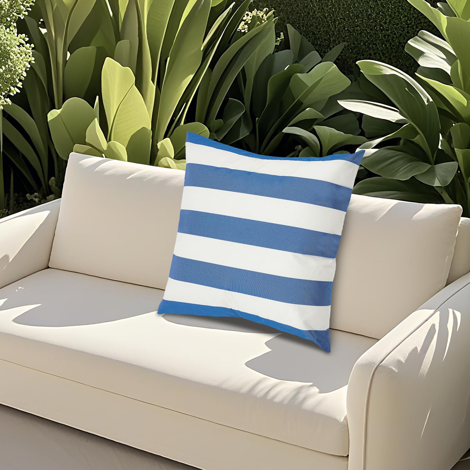 Outdoor Kissen wasserdichte Kissenfüllung Sofakissen 45x45cm, Streifenmuster, Unsichtbarer Reißverschluss für Garten, Balkon, Sofa und Strand (Blau, Weiß)