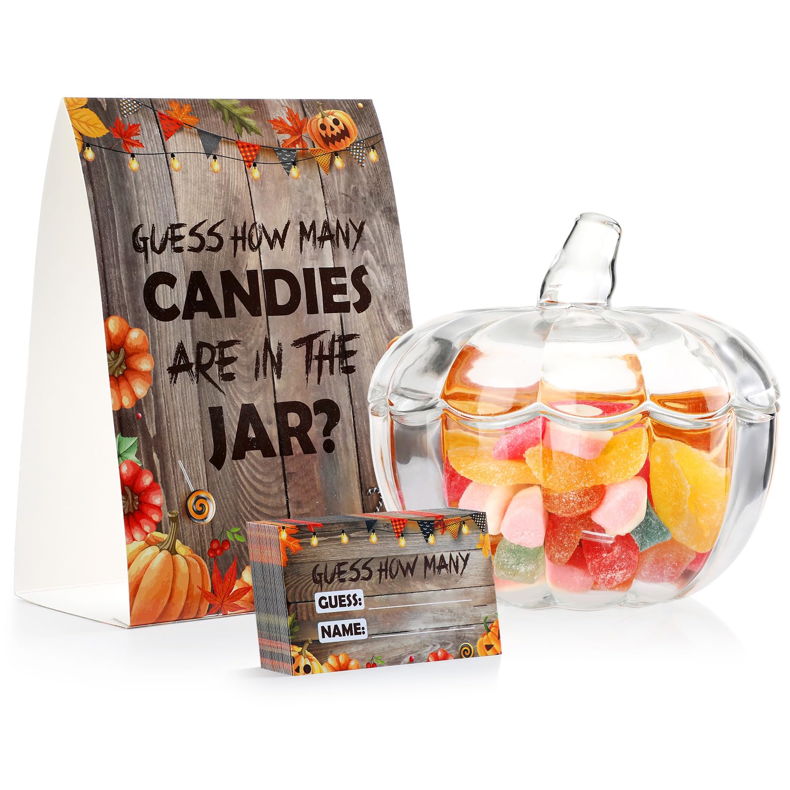 Yungyan 52 Pcs Guess How Many Candies Are in the Jar Bridal Shower Game Decoration Set Includes 1 Standing Sign 50 Pcs Guessing Cards 1 Pumpkin Clear Glass Candy Jar with Lid for Baby Shower Halloween