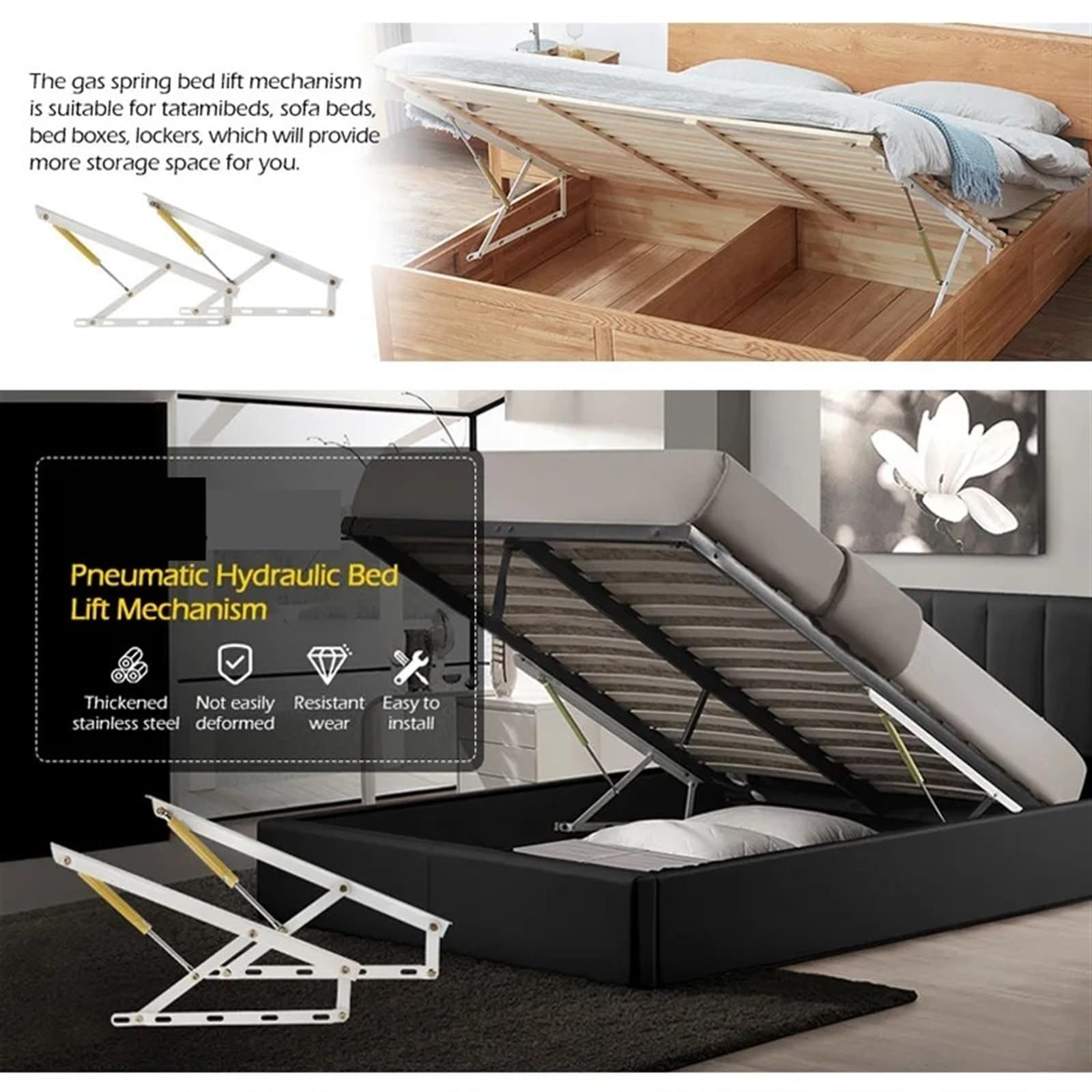 Kit de elevación de la cama Kit de elevación de almacenamiento de cama neumática - Mecanismo de elevación de cama hidráulica de alta resistencia for ahorrar espacio | Elevación de 15.7 PIES for camas