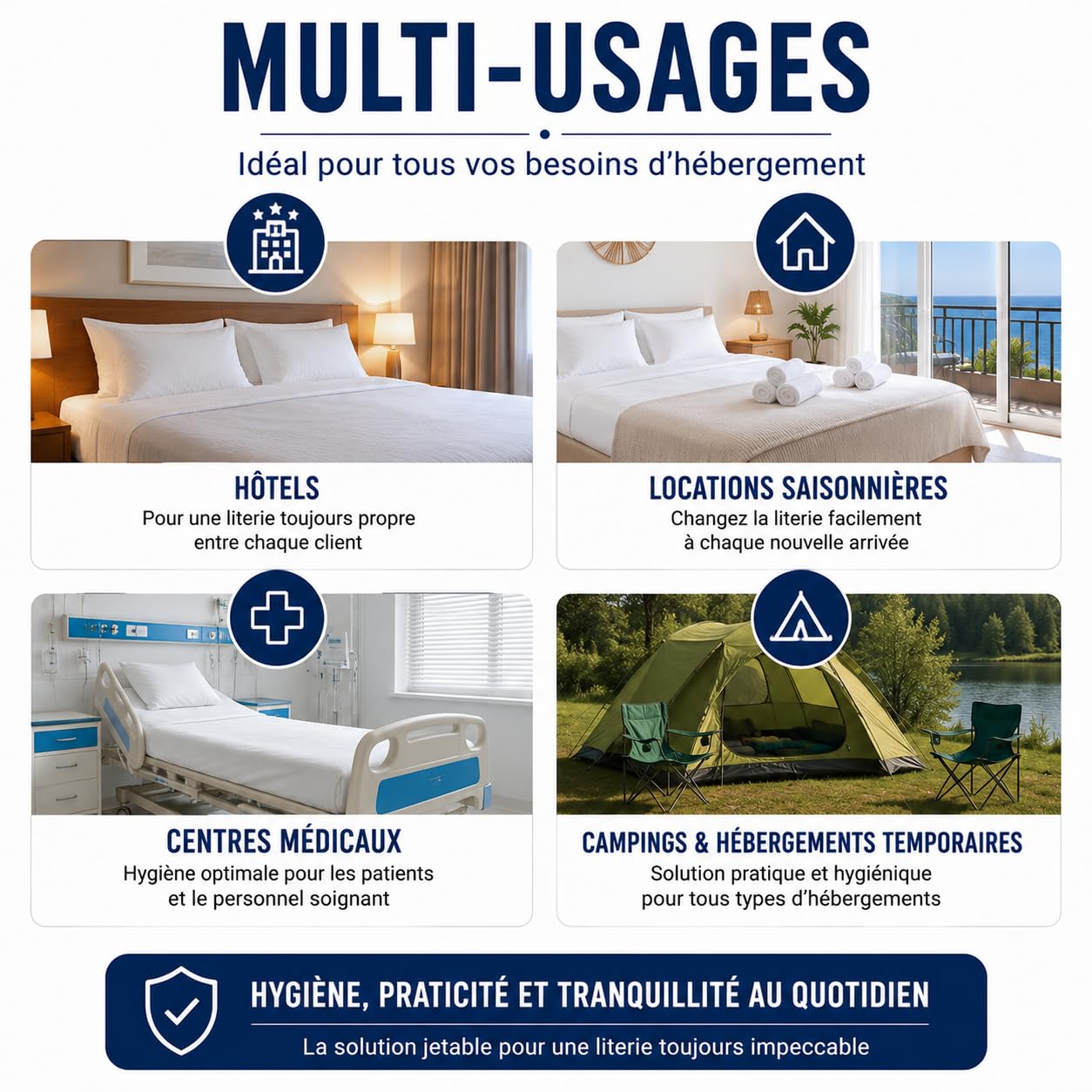 Kit Literie Jetable | 5 Alèses Matelas 140x190 cm + 10 Taies d’Oreiller 60x60 | Protection Literie Usage Unique | Non Imperméable | Hôtels, Hébergement Temporaire